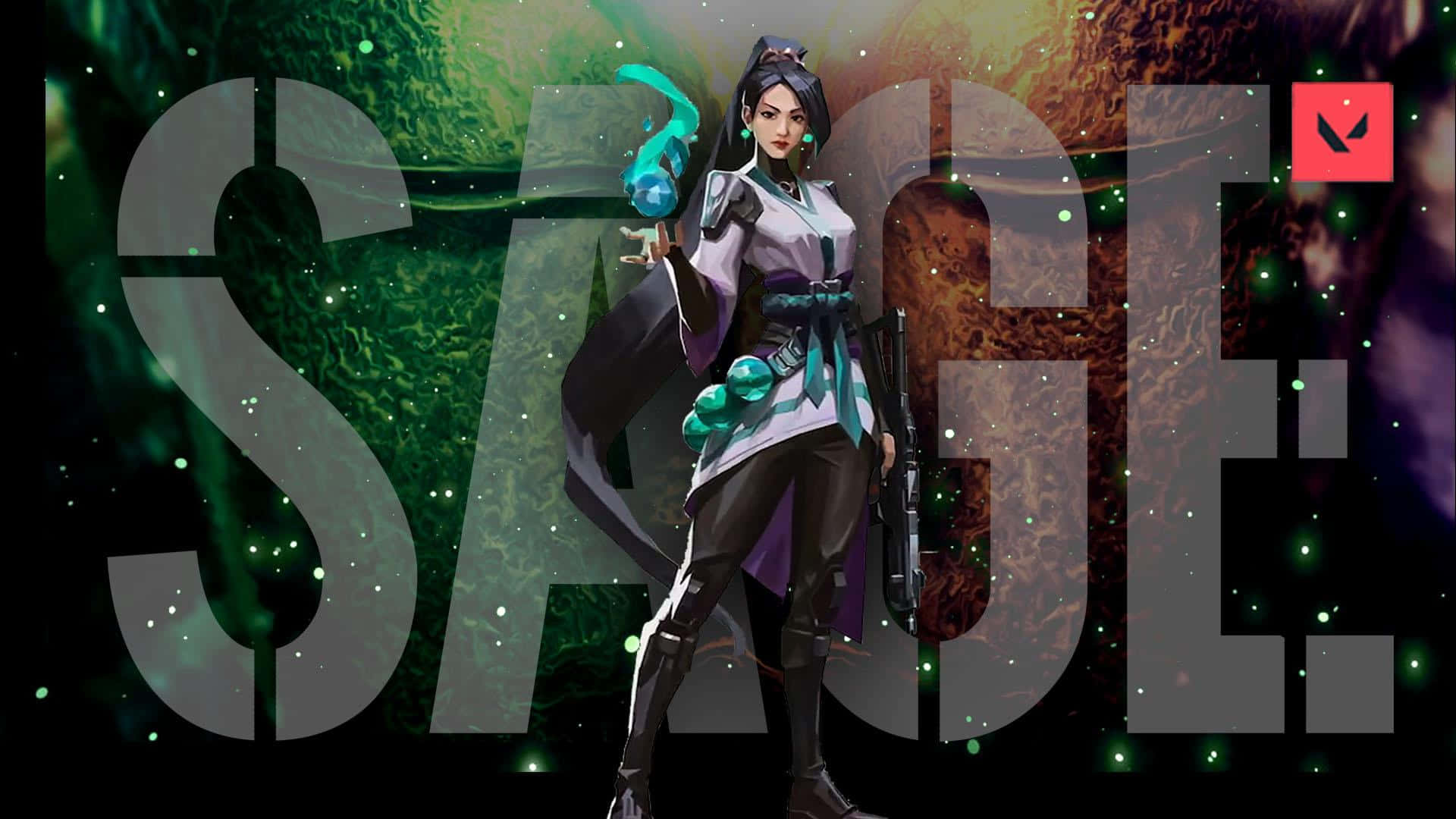 Valorant Sage, anime character, cosmic green and brown nebula, Full HD Desktop Wallpaper