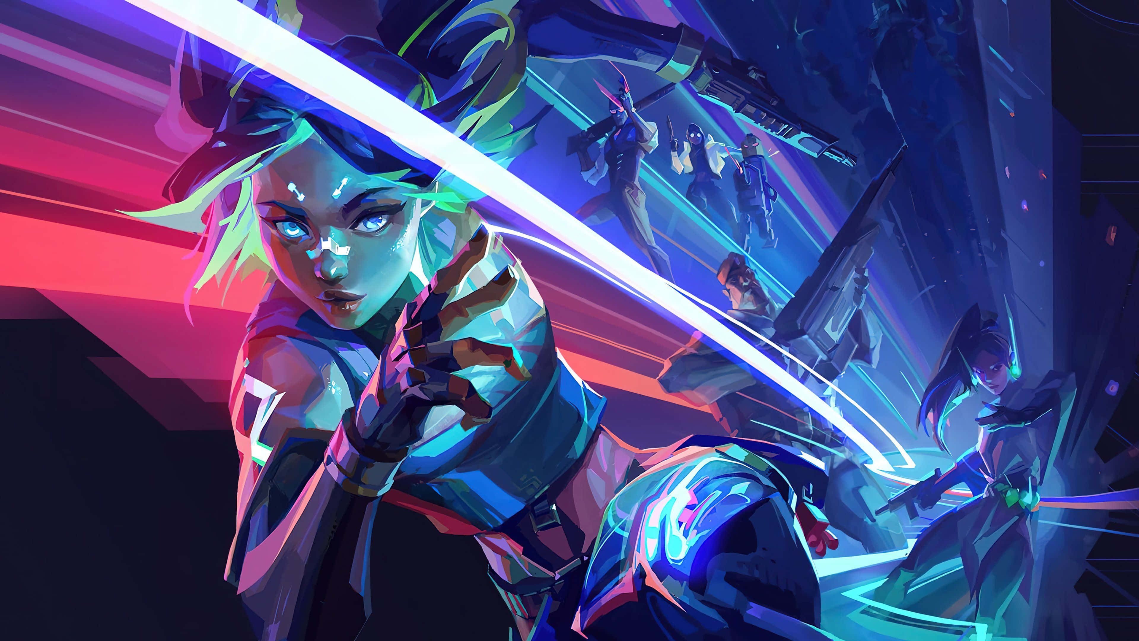 Valorant, cyberpunk warrior, glowing blue eyes, 4K Desktop Wallpaper