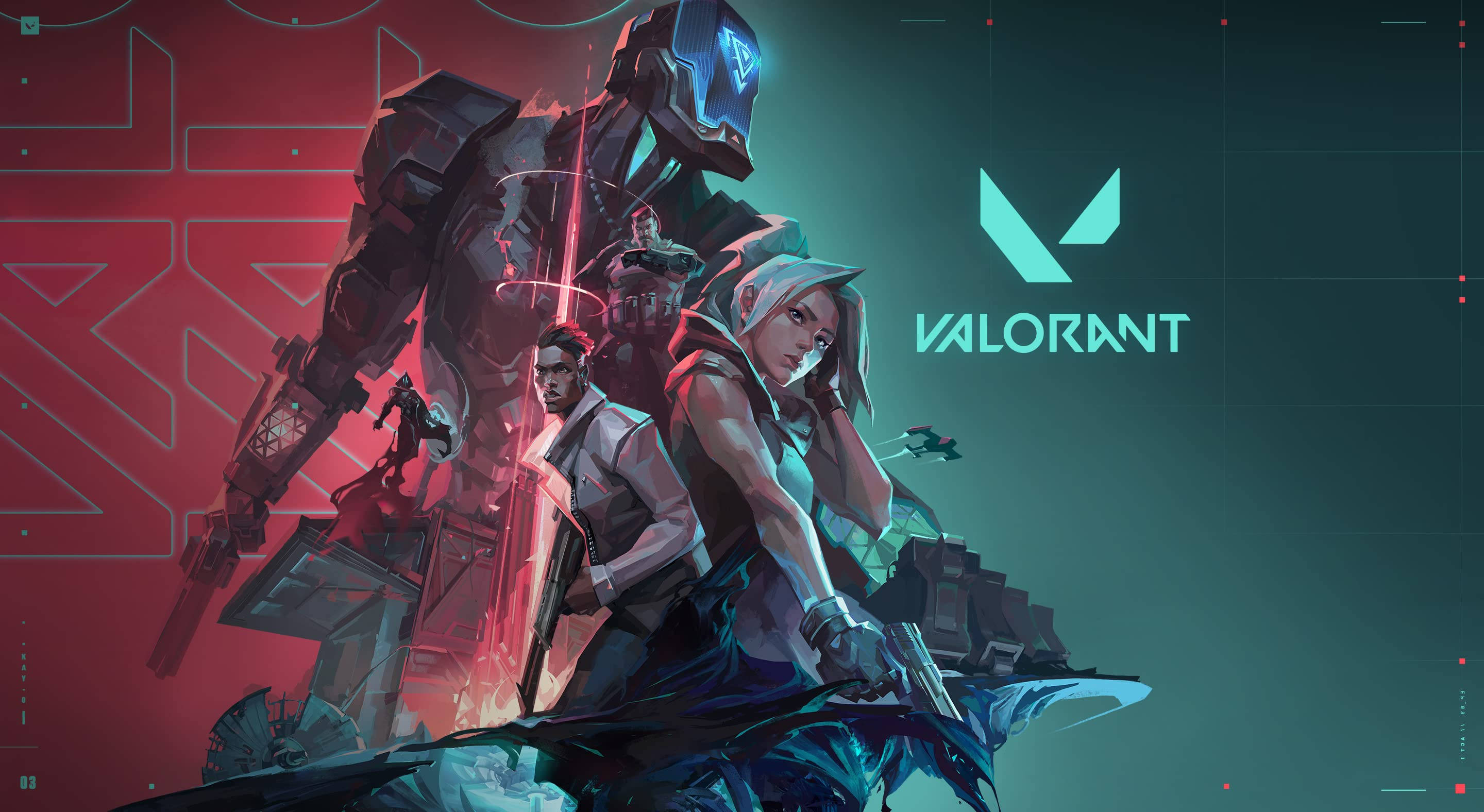 Valorant, red and teal, cyberpunk-style, 2K Desktop Wallpaper