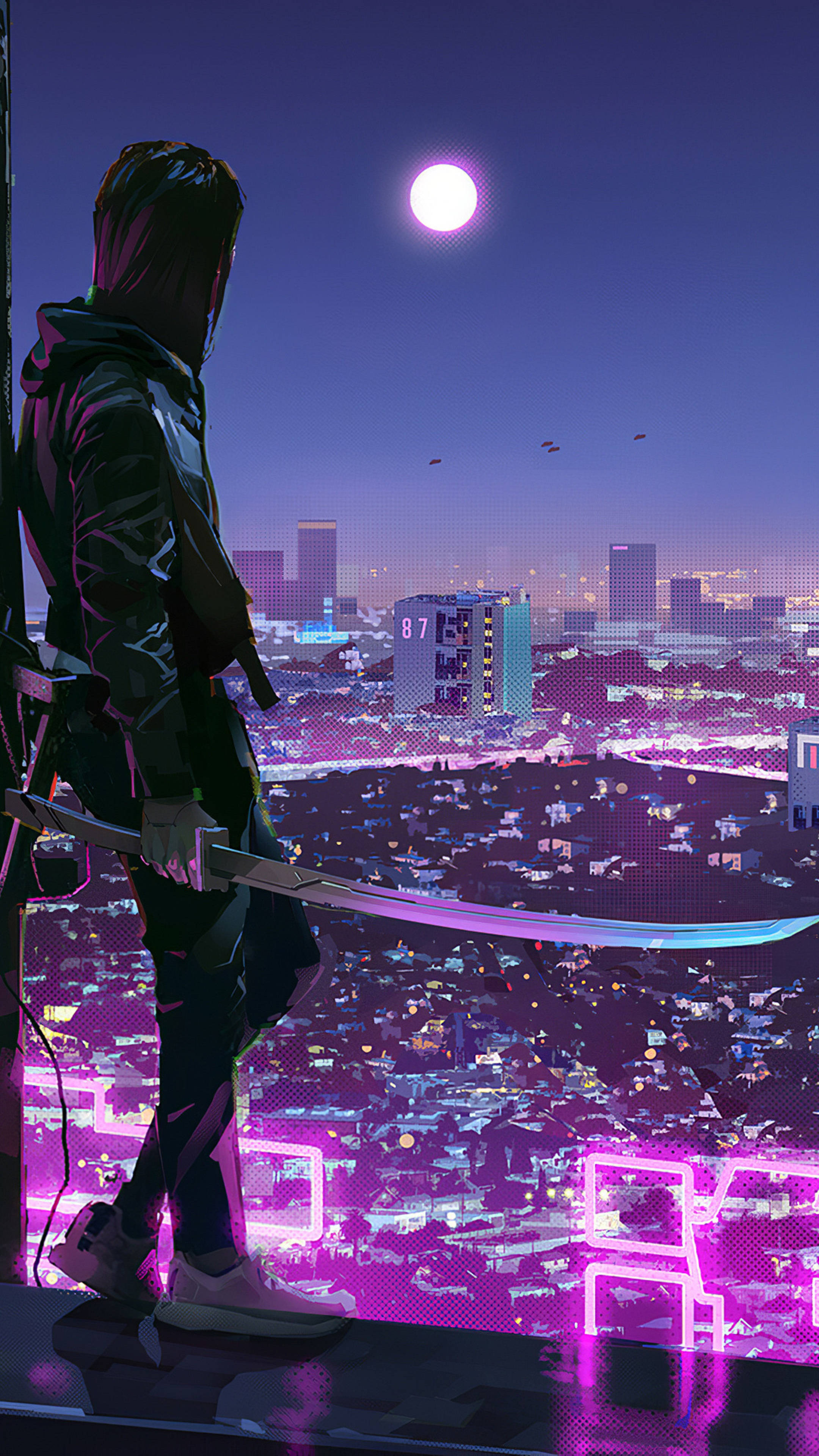 Valorant, neon-drenched cyberpunk cityscape, glowing sword, 4K Phone Wallpaper
