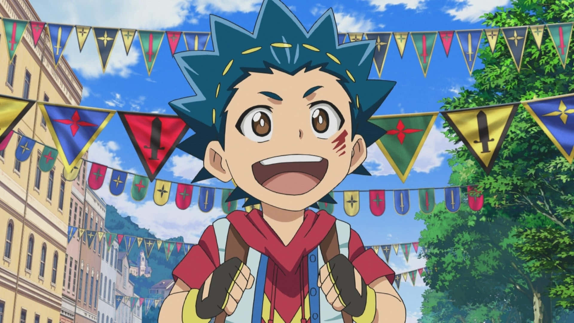 Valt Aoi, spiky blue hair, colorful triangular banners, Full HD Desktop Wallpaper