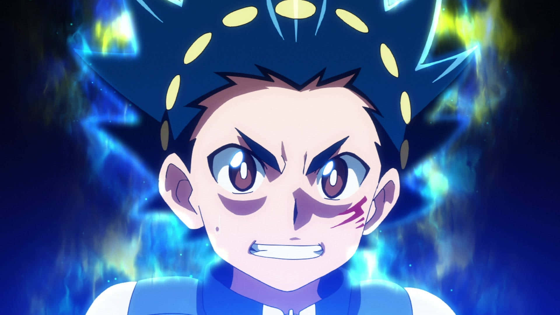 Valt Aoi, spiky blue hair, glowing yellow accents, Full HD Desktop Wallpaper