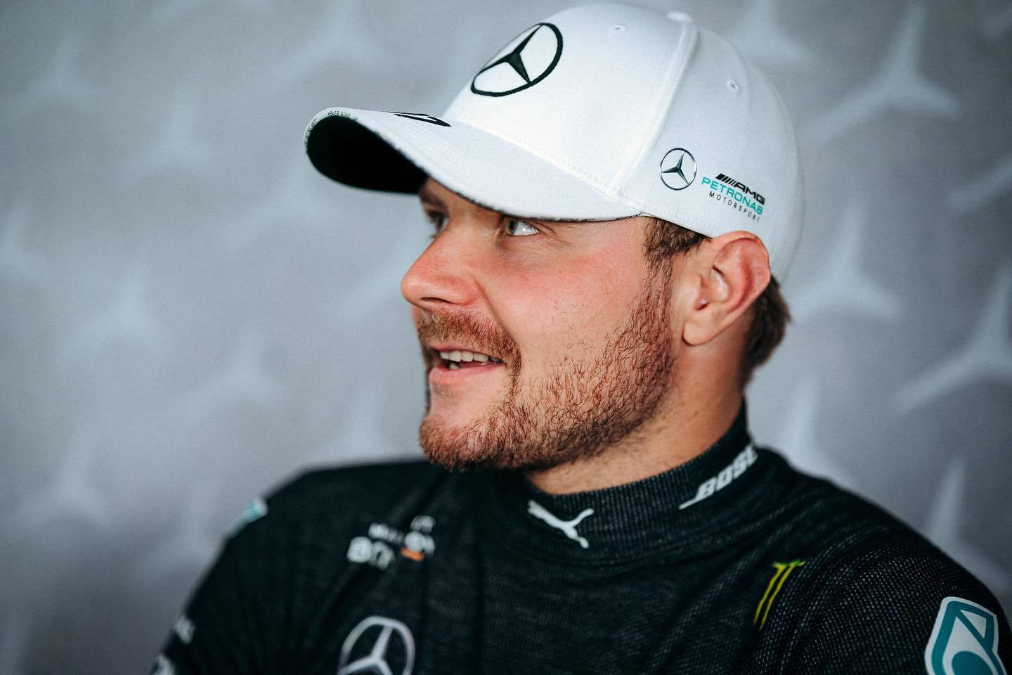 Valtteri Bottas, white Mercedes cap, black racing suit, HD Desktop Wallpaper