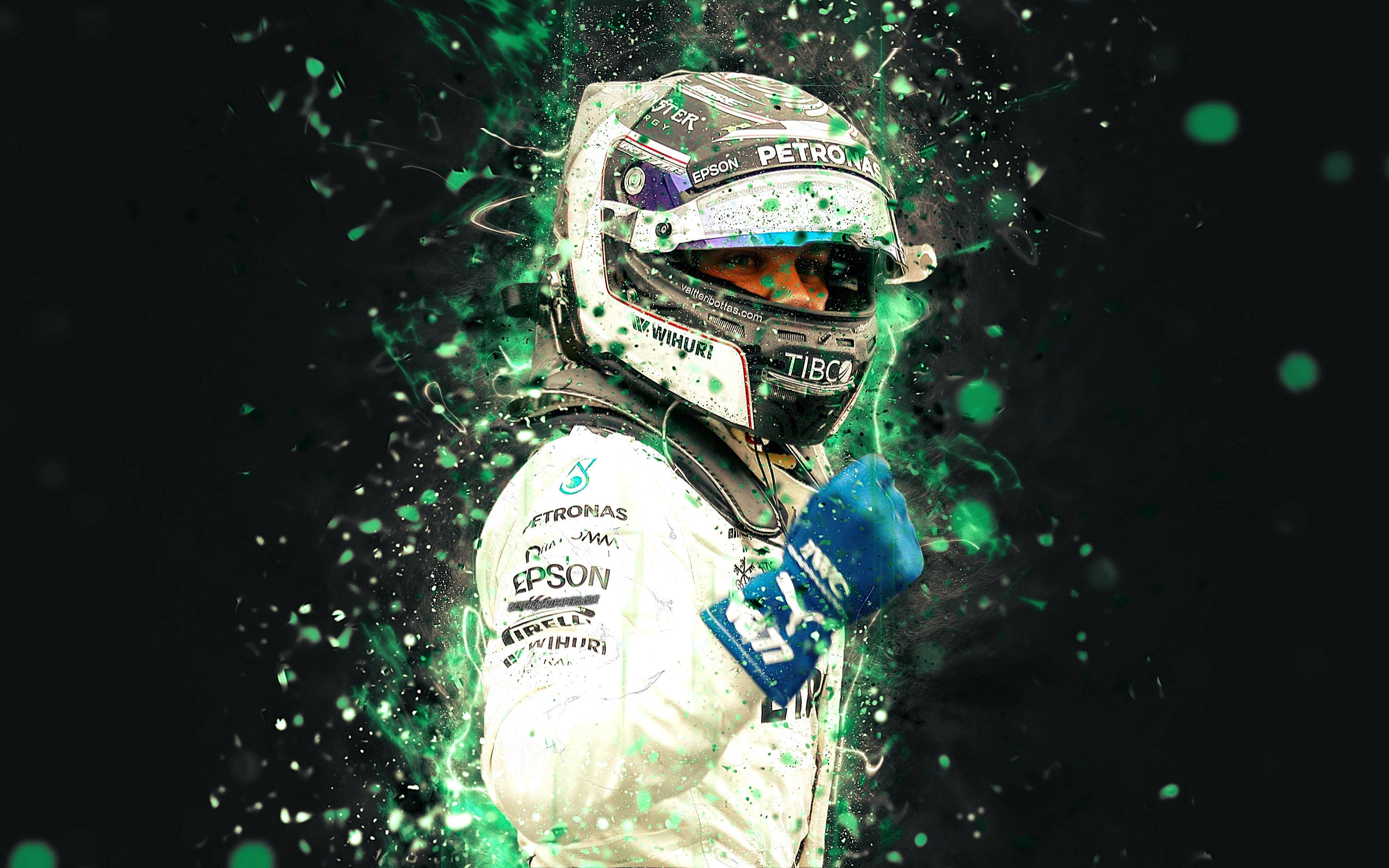 Valtteri Bottas, green splatter, white racing suit, 4K Desktop Wallpaper
