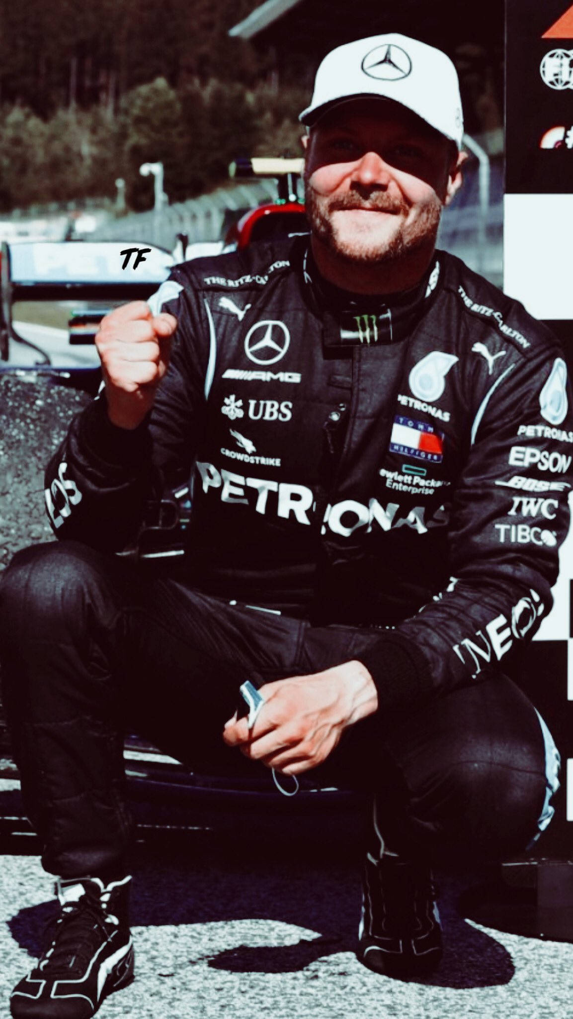 Valtteri Bottas, black Mercedes Petronas suit, race car, Full HD Phone Wallpaper
