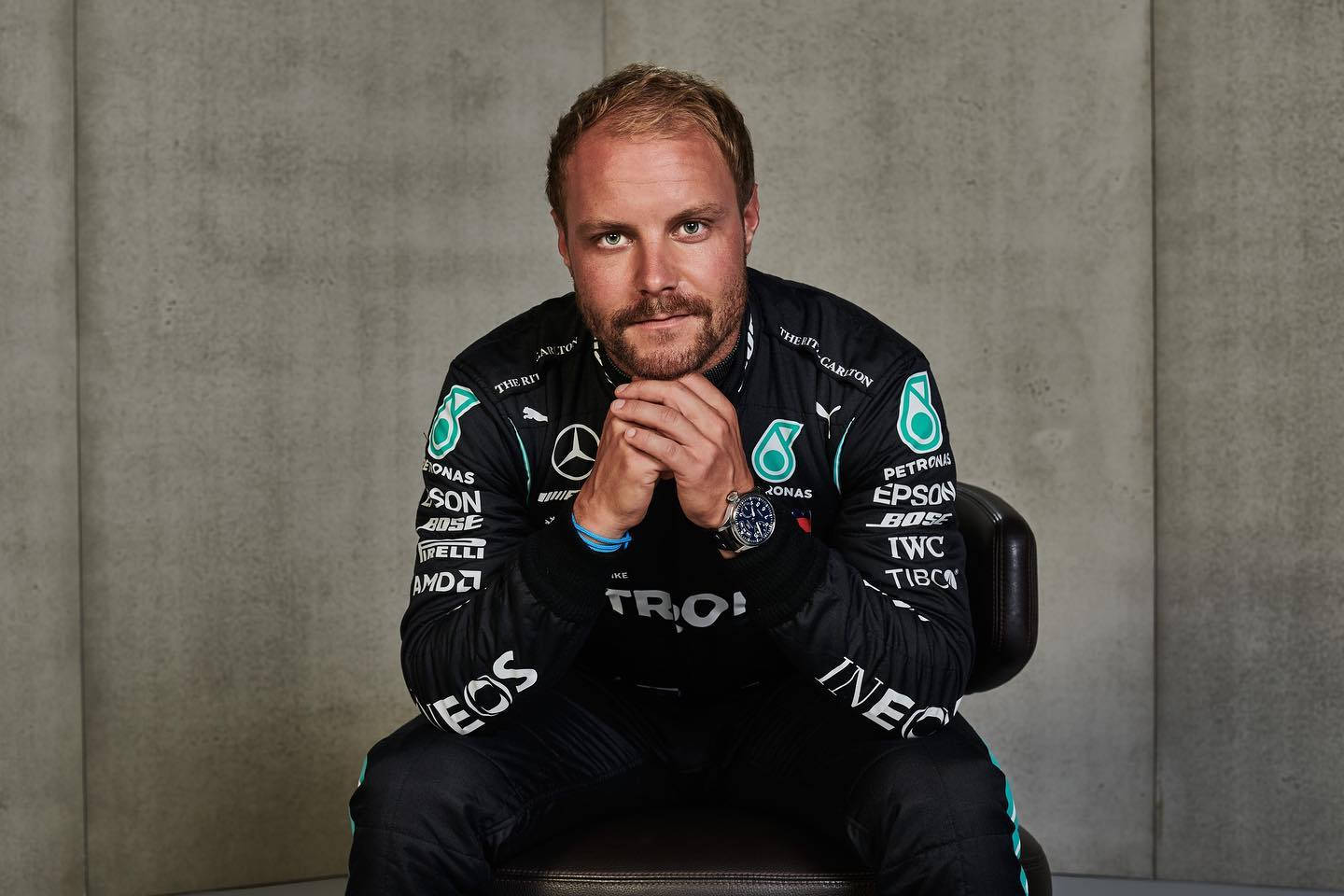 Valtteri Bottas, black racing suit, sponsor logos, HD Desktop Wallpaper
