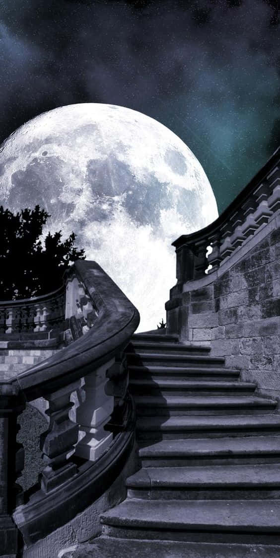 full moon, staircase, glowing moon, SD Phone Wallpaper