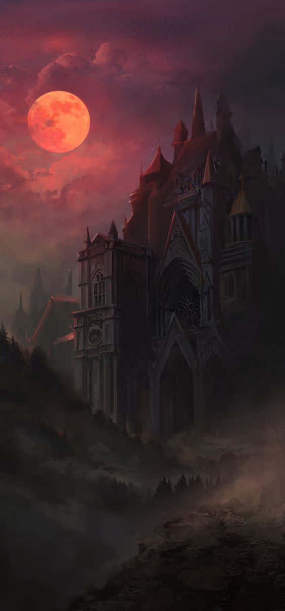 gothic castle, blood red moon, misty hills, SD Phone Wallpaper
