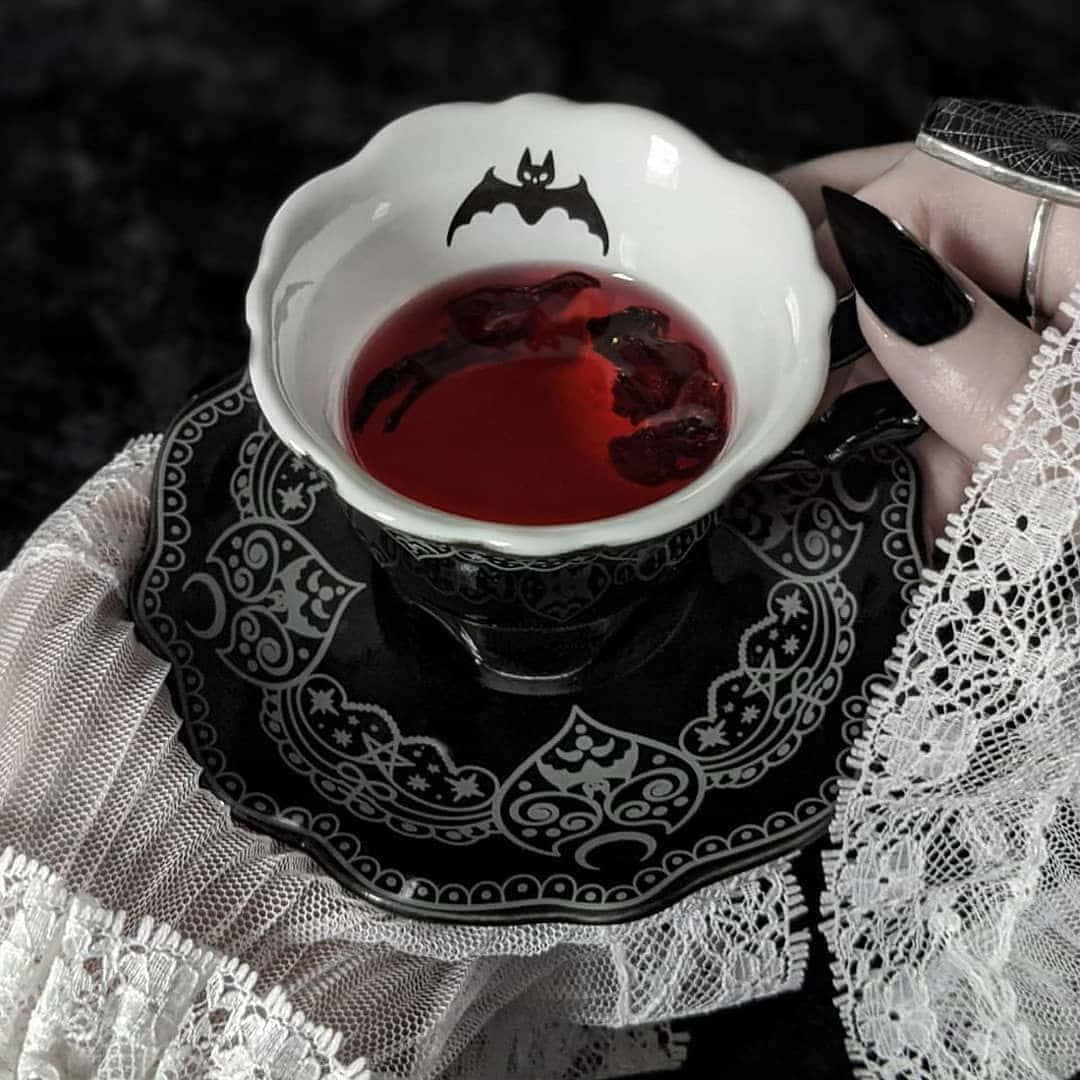 black nails, white teacup, bat design, SD Desktop Wallpaper