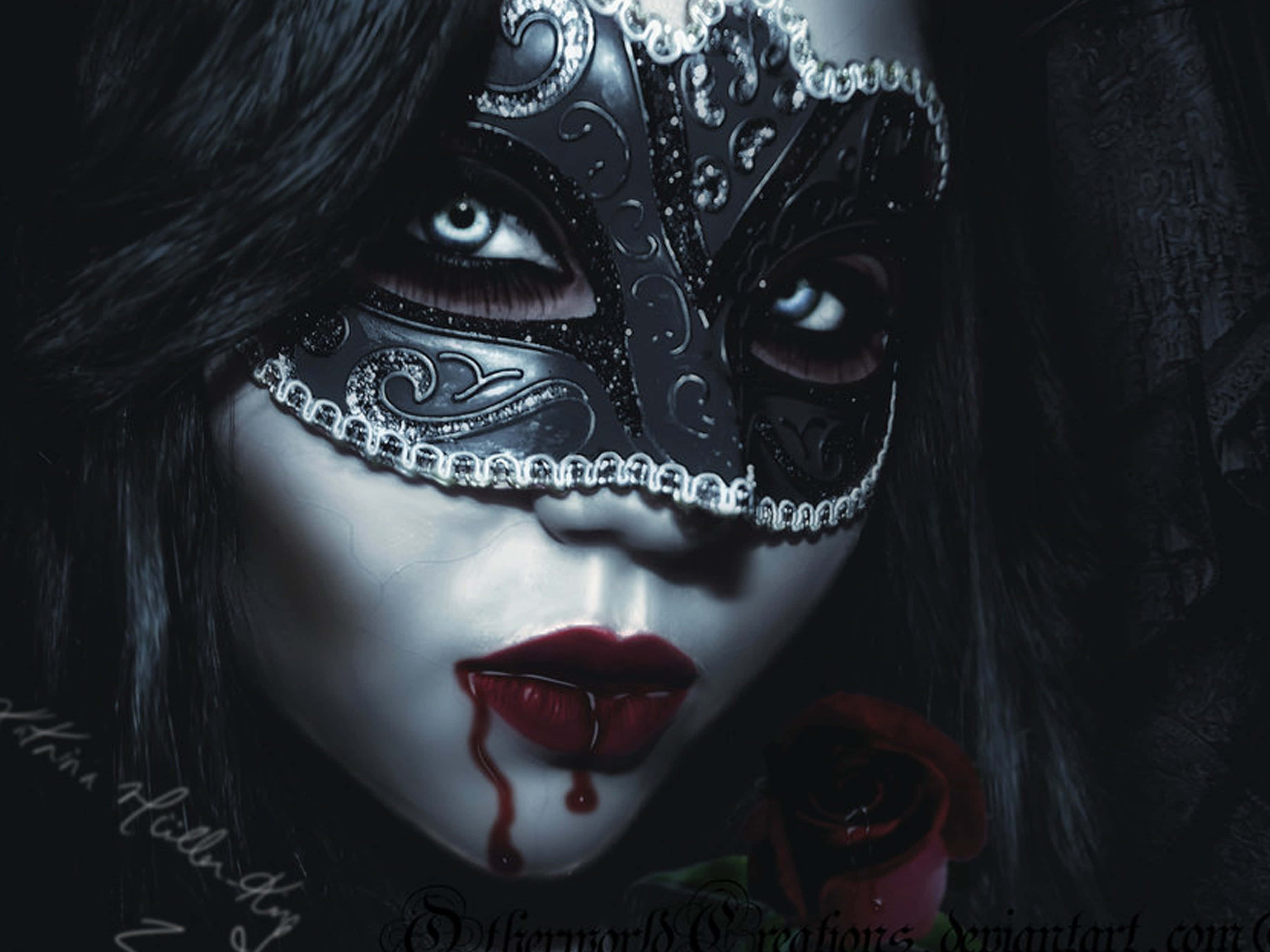 Vampire Aesthetic, silver ornate mask, red lips, 4K Desktop Wallpaper