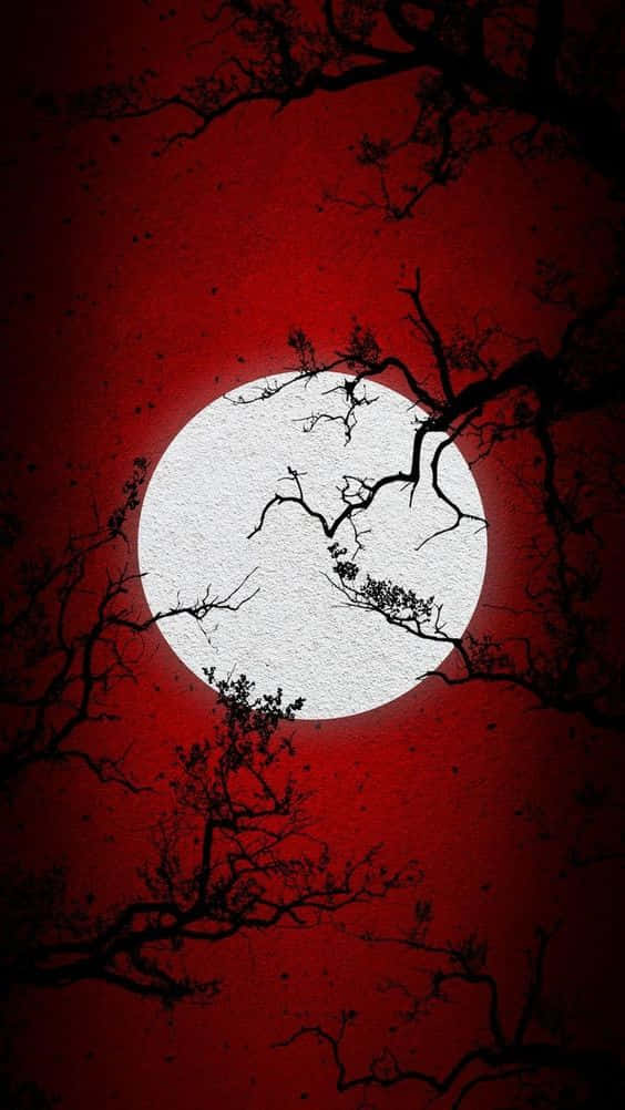full moon, deep red sky, intricate black tree branches, SD Phone Wallpaper