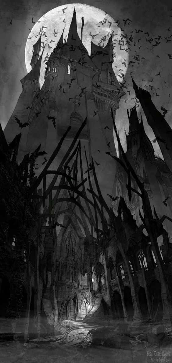 gothic castle, full moon, bats, SD Phone Wallpaper