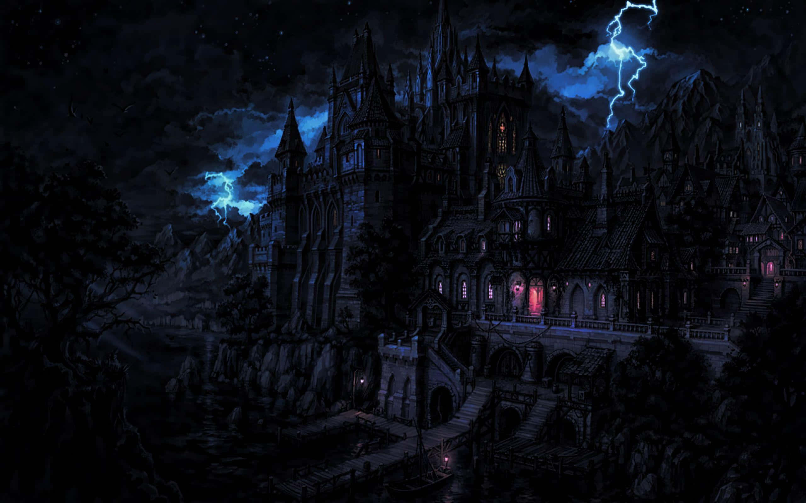 gothic castle, cliff, stormy night sky, 2K Desktop Wallpaper