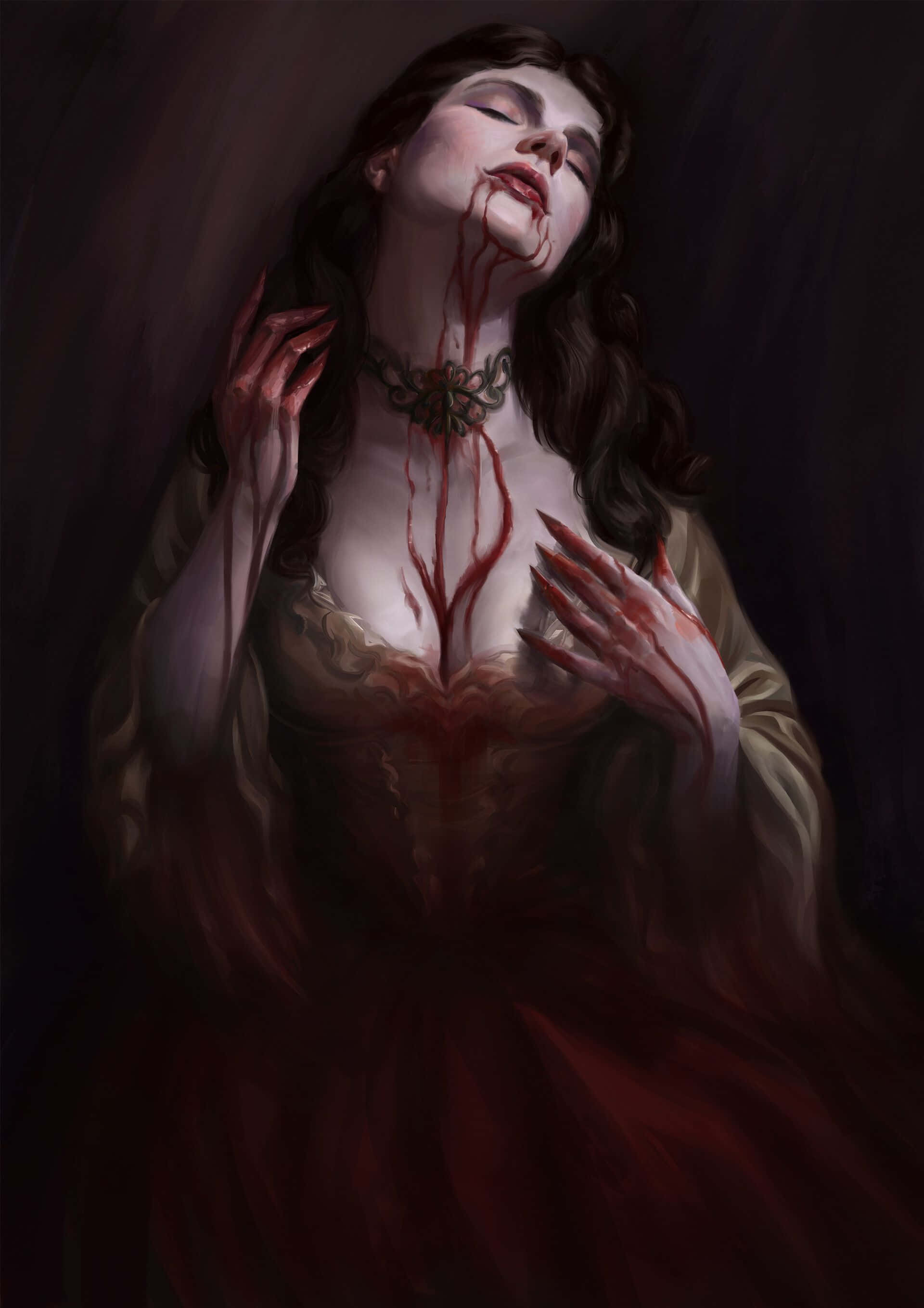 Vampire Aesthetic, dark hair, blood dripping from lips and neck, 2K Phone Wallpaper