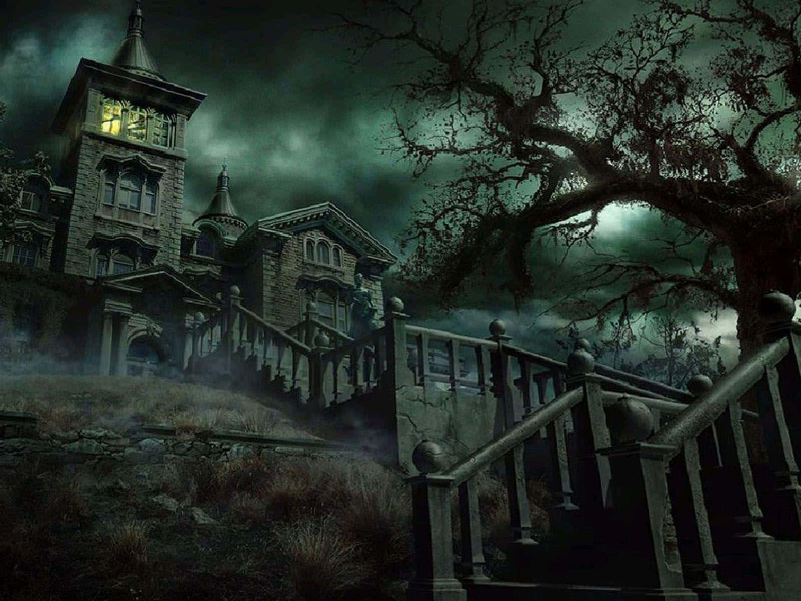 Victorian mansion, stormy green sky, gnarled tree, HD Desktop Wallpaper