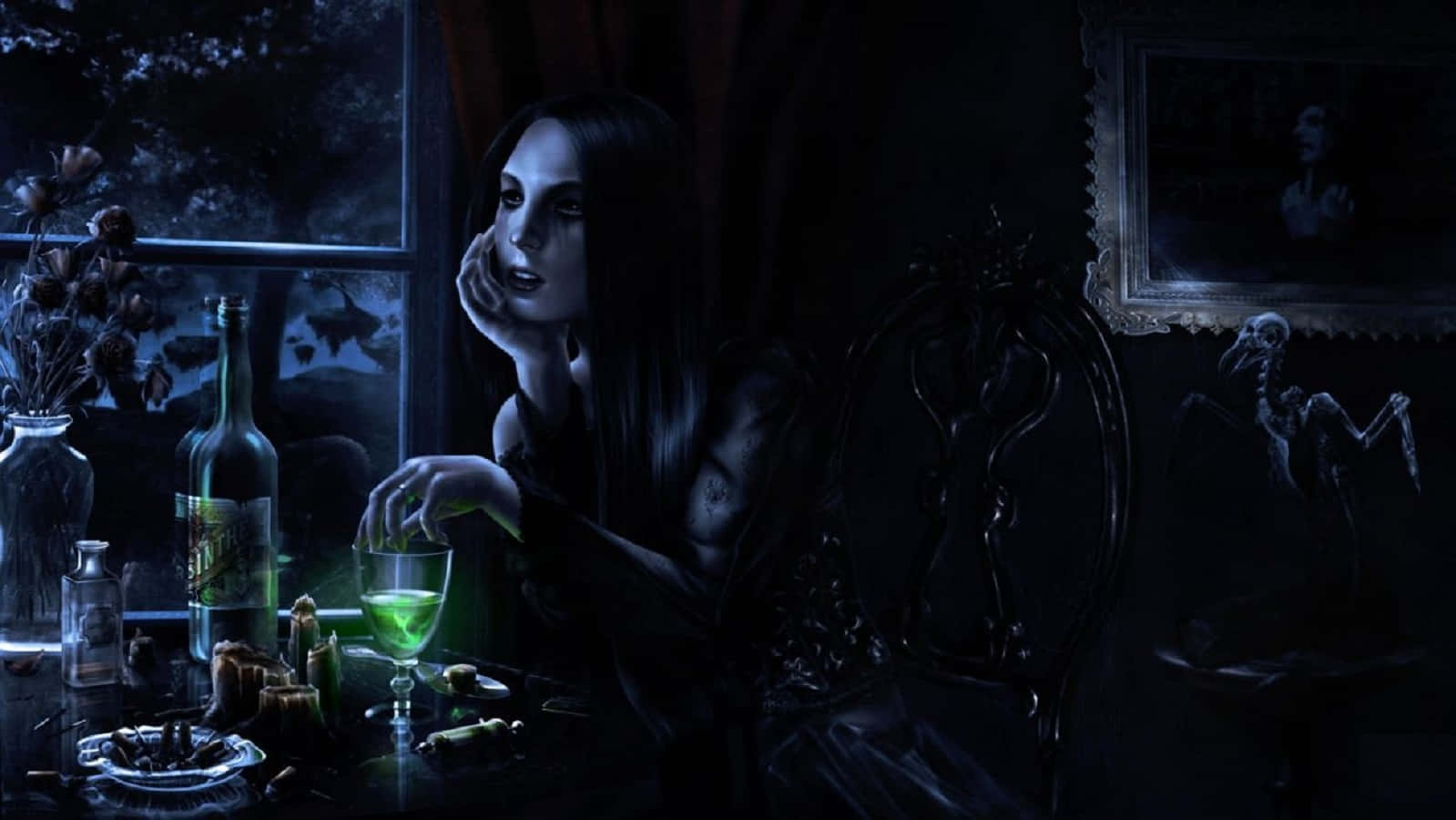 Vampire, pale woman, long dark hair, HD Desktop Wallpaper