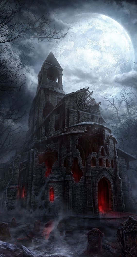gothic church, full moon, glowing red windows, SD Phone Wallpaper