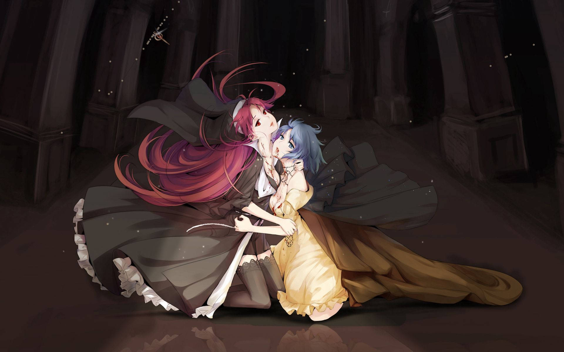 anime girls, flowing gowns, dimly lit gothic cathedral, Full HD Desktop Wallpaper