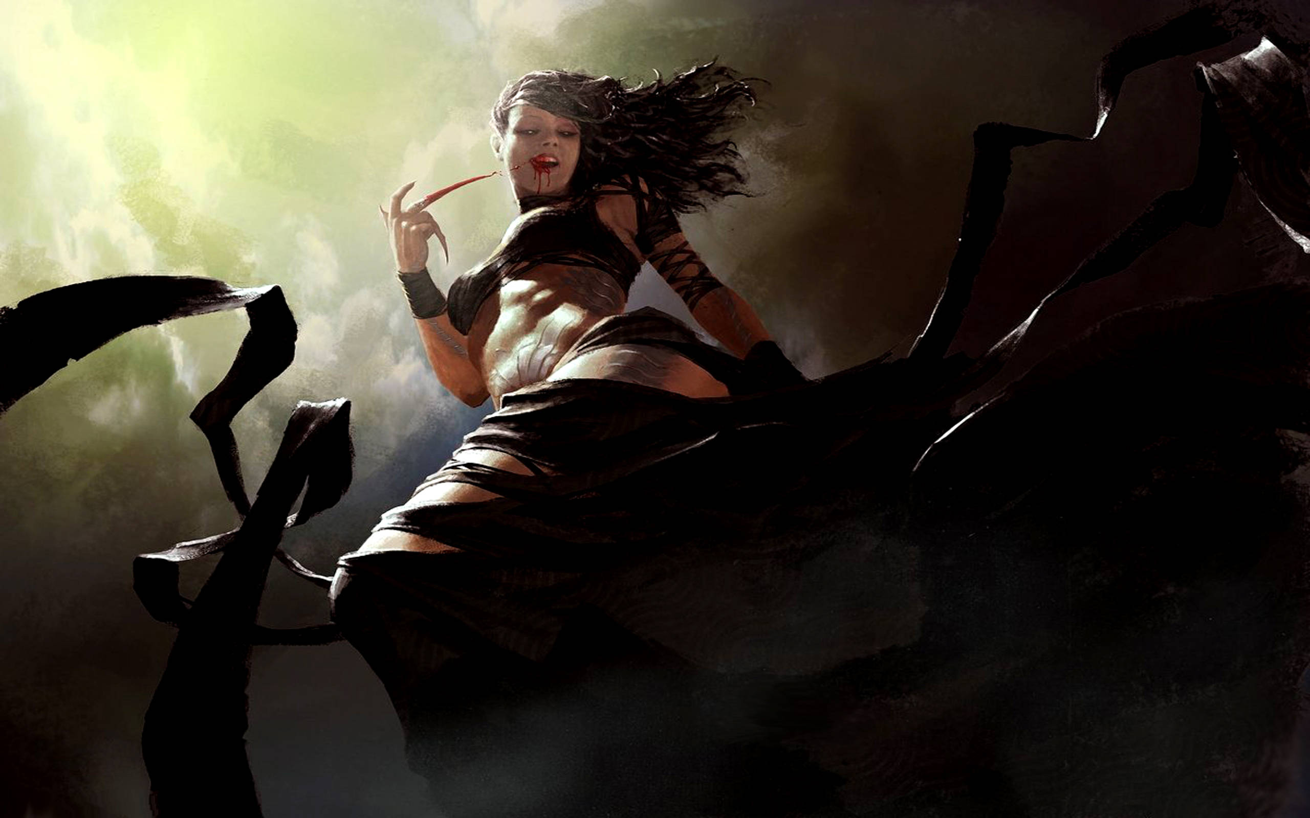 Dark Sensual Vampire, fierce warrior woman, dark hair, 2K Desktop Wallpaper
