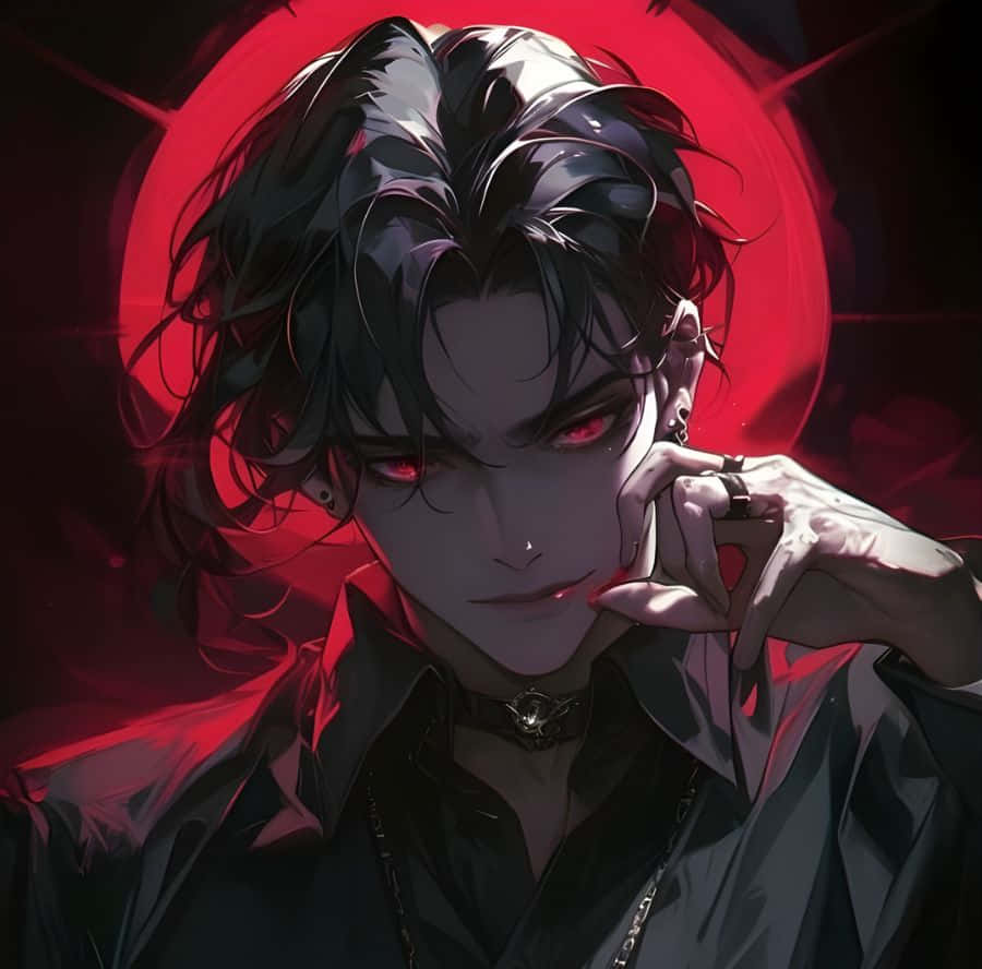 dark-haired anime male, glowing red eyes, choker, SD Desktop Wallpaper