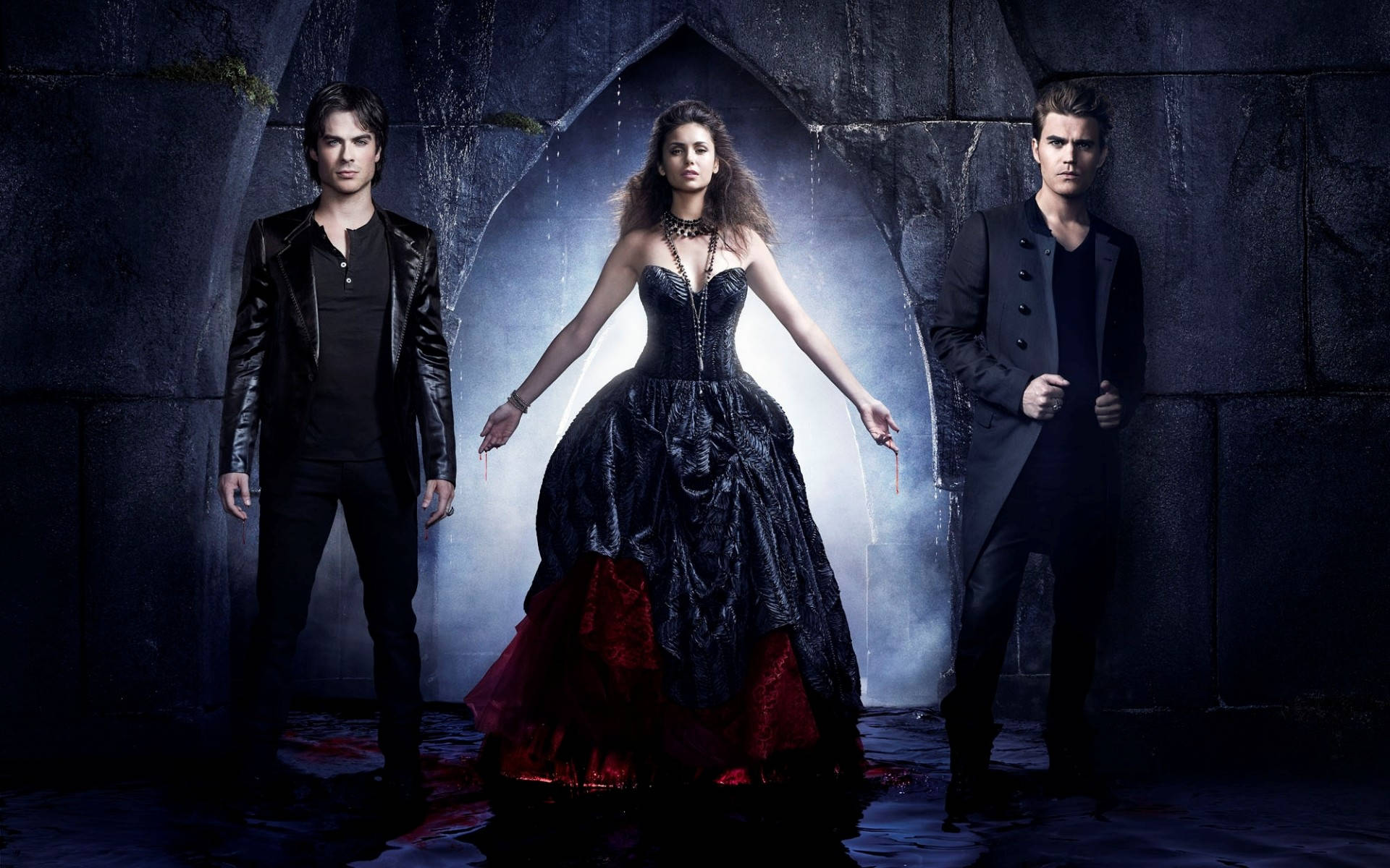 Vampire Diaries, black and red, three vampires, Full HD Desktop Wallpaper