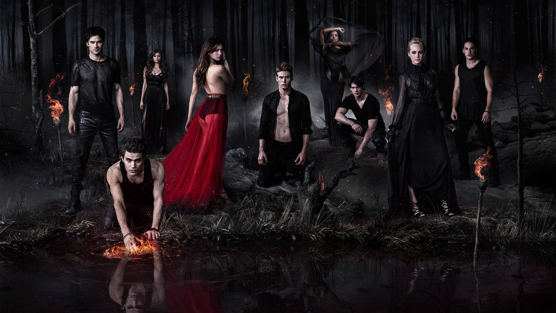 Vampire Diaries, dark attire, misty forest, Full HD Desktop Wallpaper