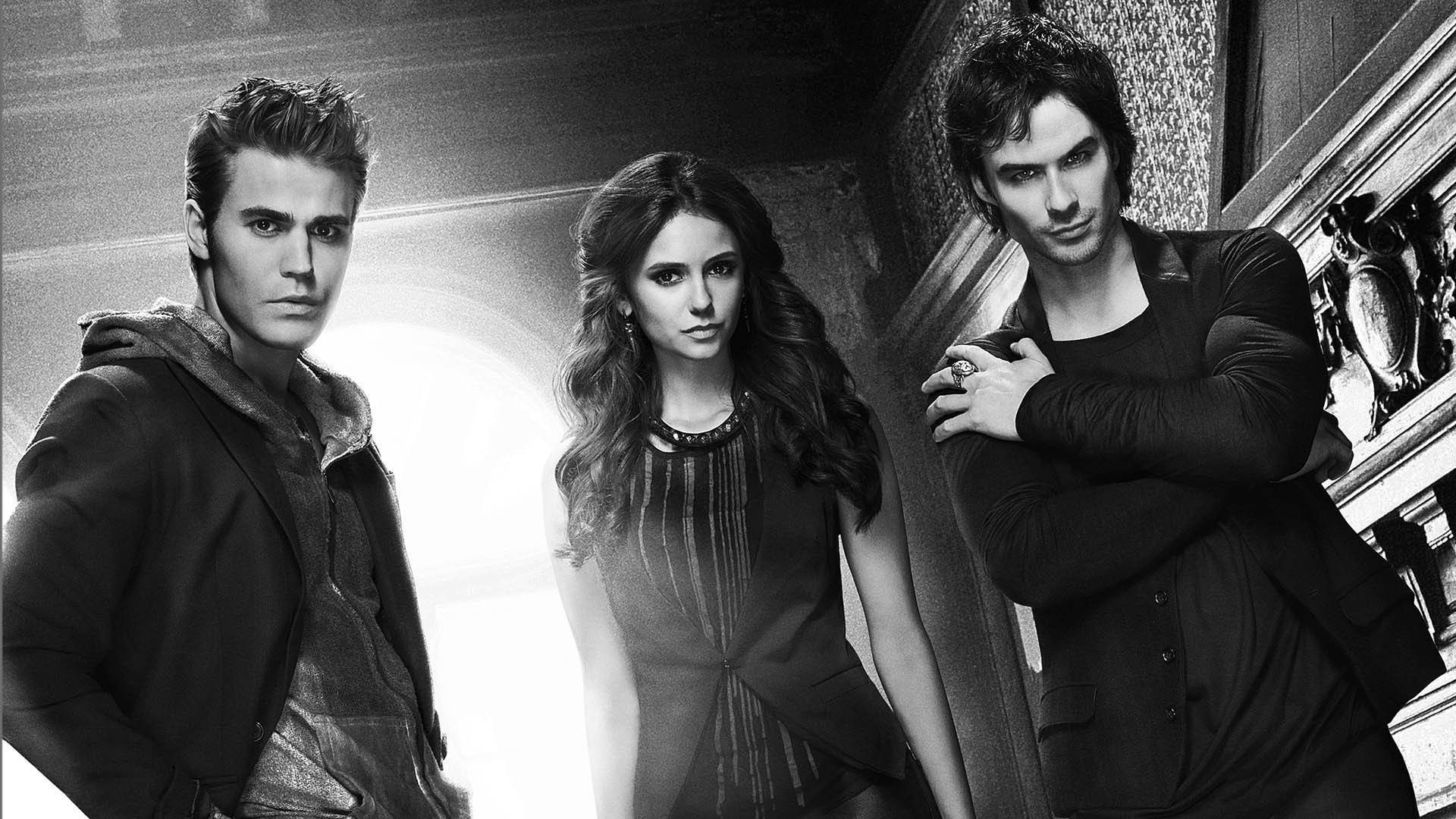 Vampire Diaries, black and white, Three characters, Full HD Desktop Wallpaper