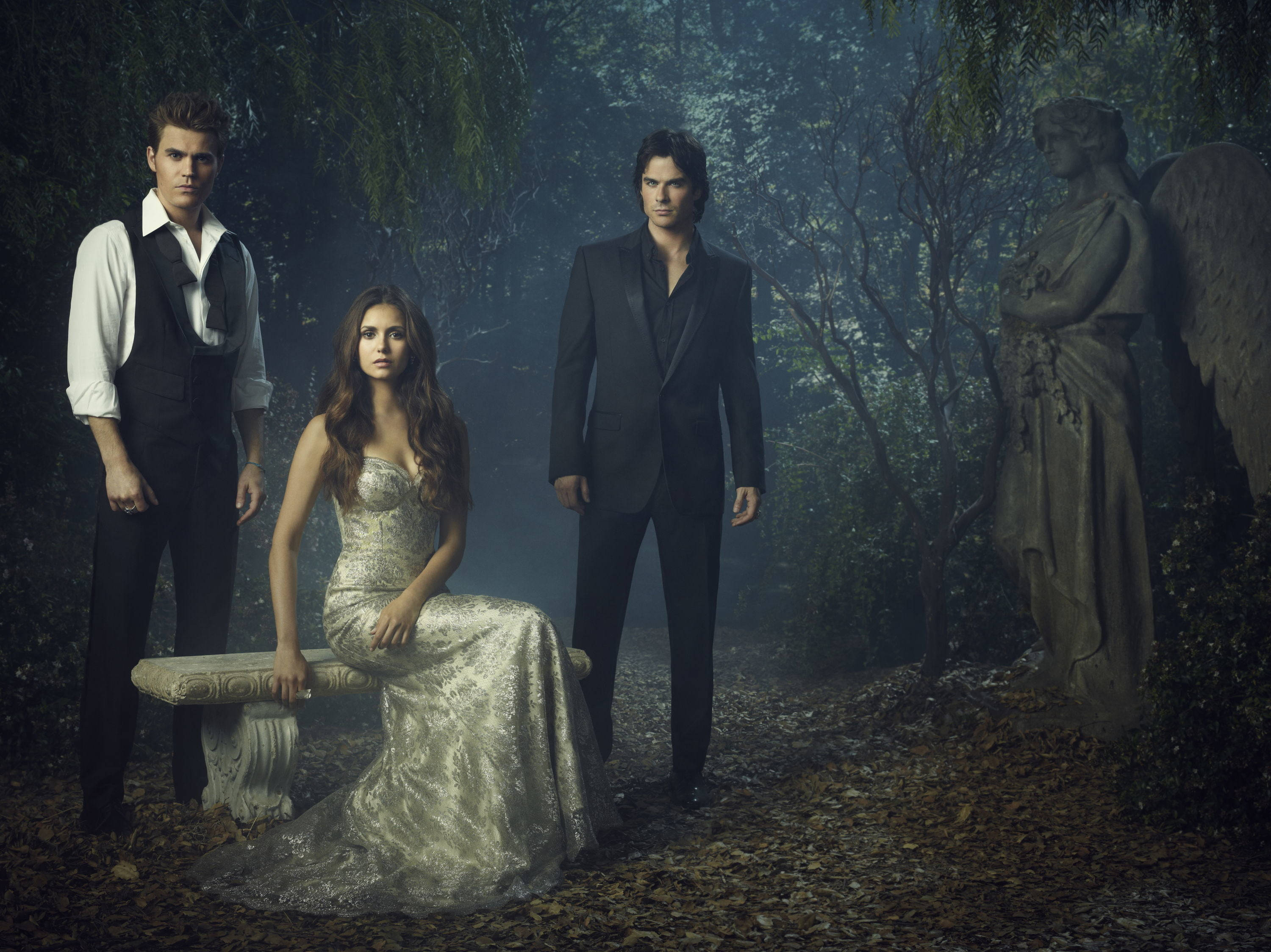 Vampire Diaries, formal wear, misty forest, 2K Desktop Wallpaper