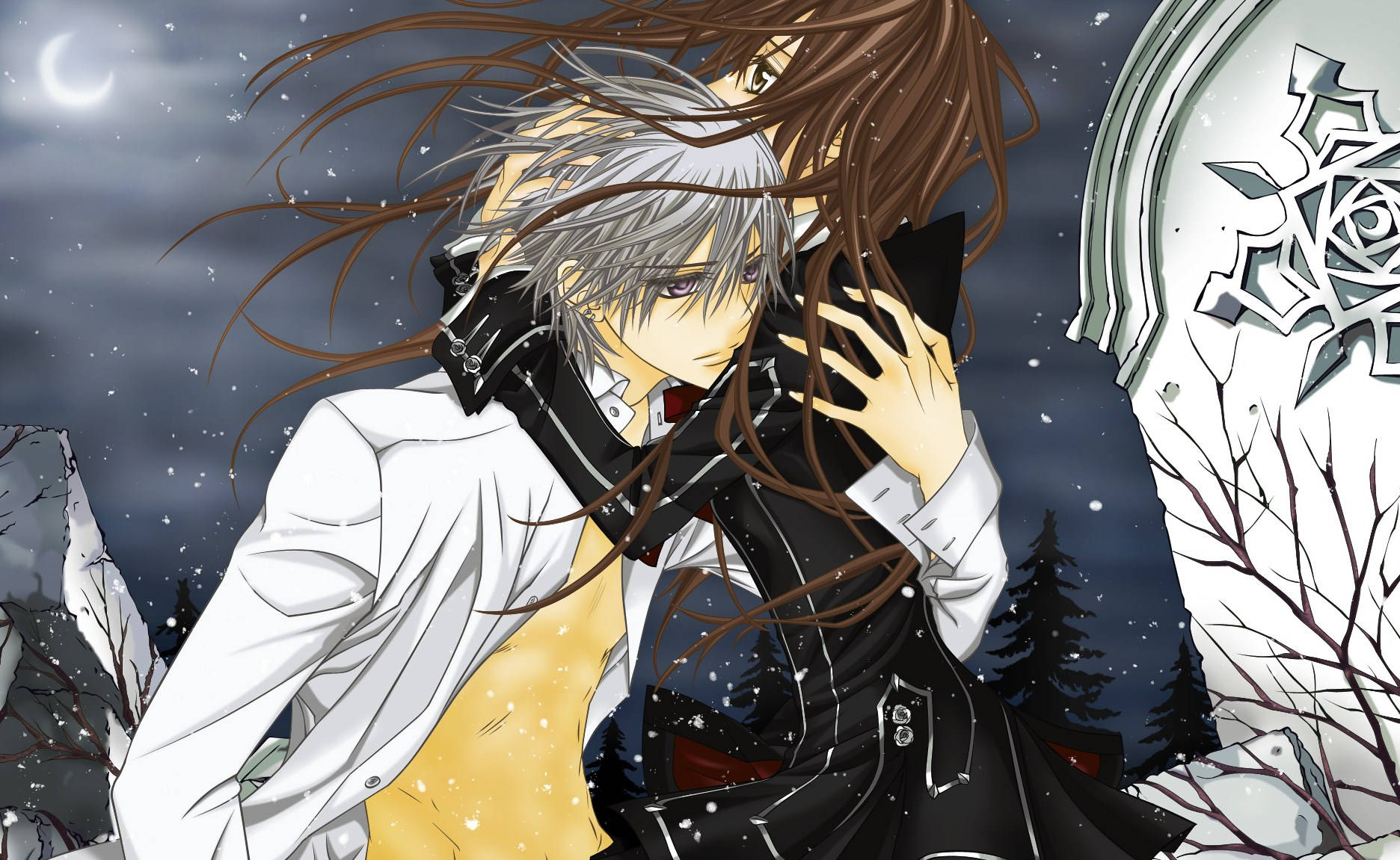 Vampire Knight, Winter Embrace, snowy moonlit sky, HD Desktop Wallpaper
