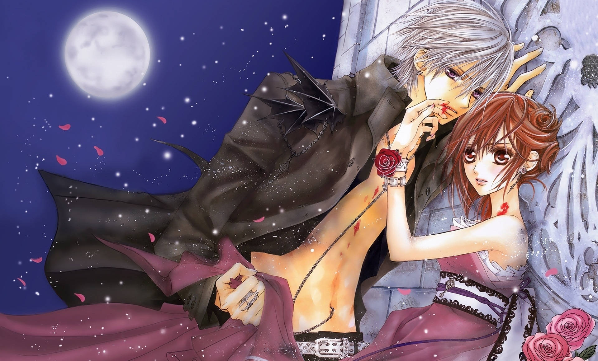 Vampire Knight, full moon, silver-haired anime vampire, Full HD Desktop Wallpaper
