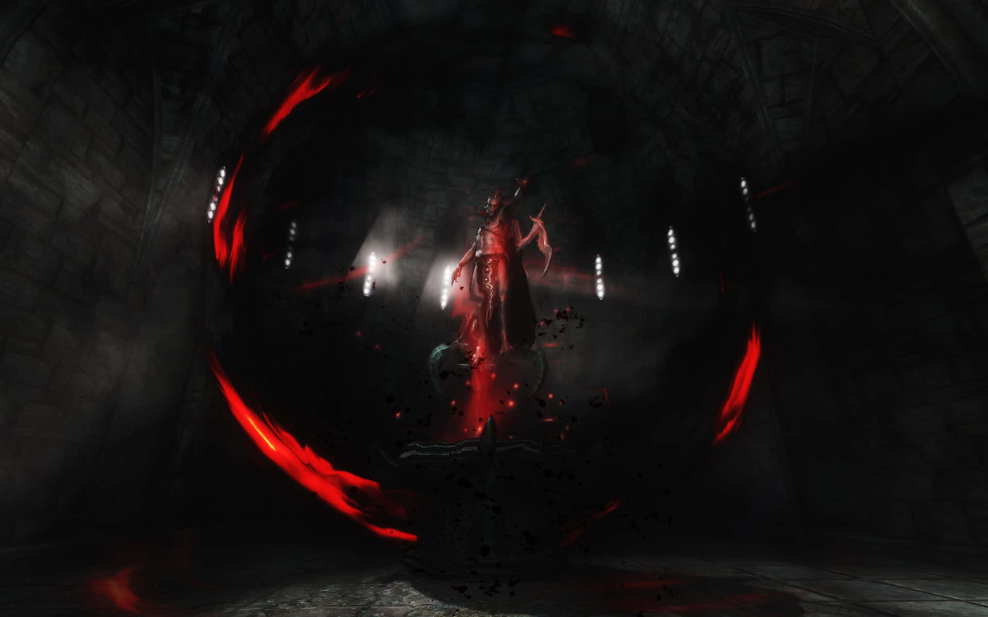 Vampire Lord, stone tunnel, glowing red energy, Full HD Desktop Wallpaper