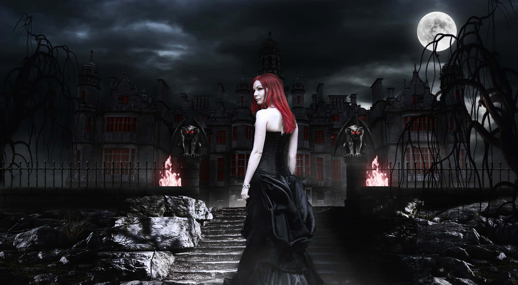dark vampire, red hair, black gown, HD Desktop Wallpaper