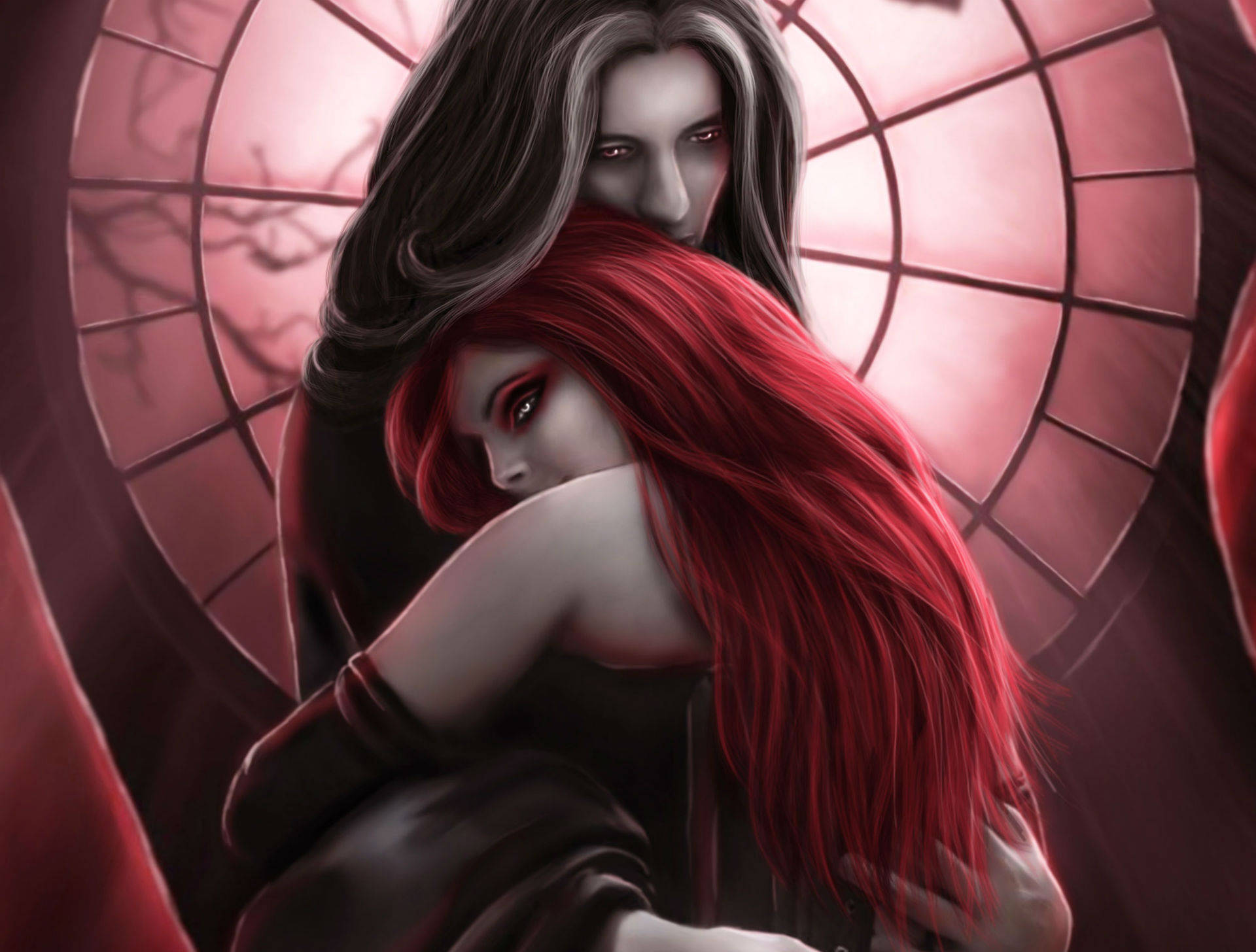 mother and child vampire, stained glass window, red and black tones, Full HD Desktop Wallpaper