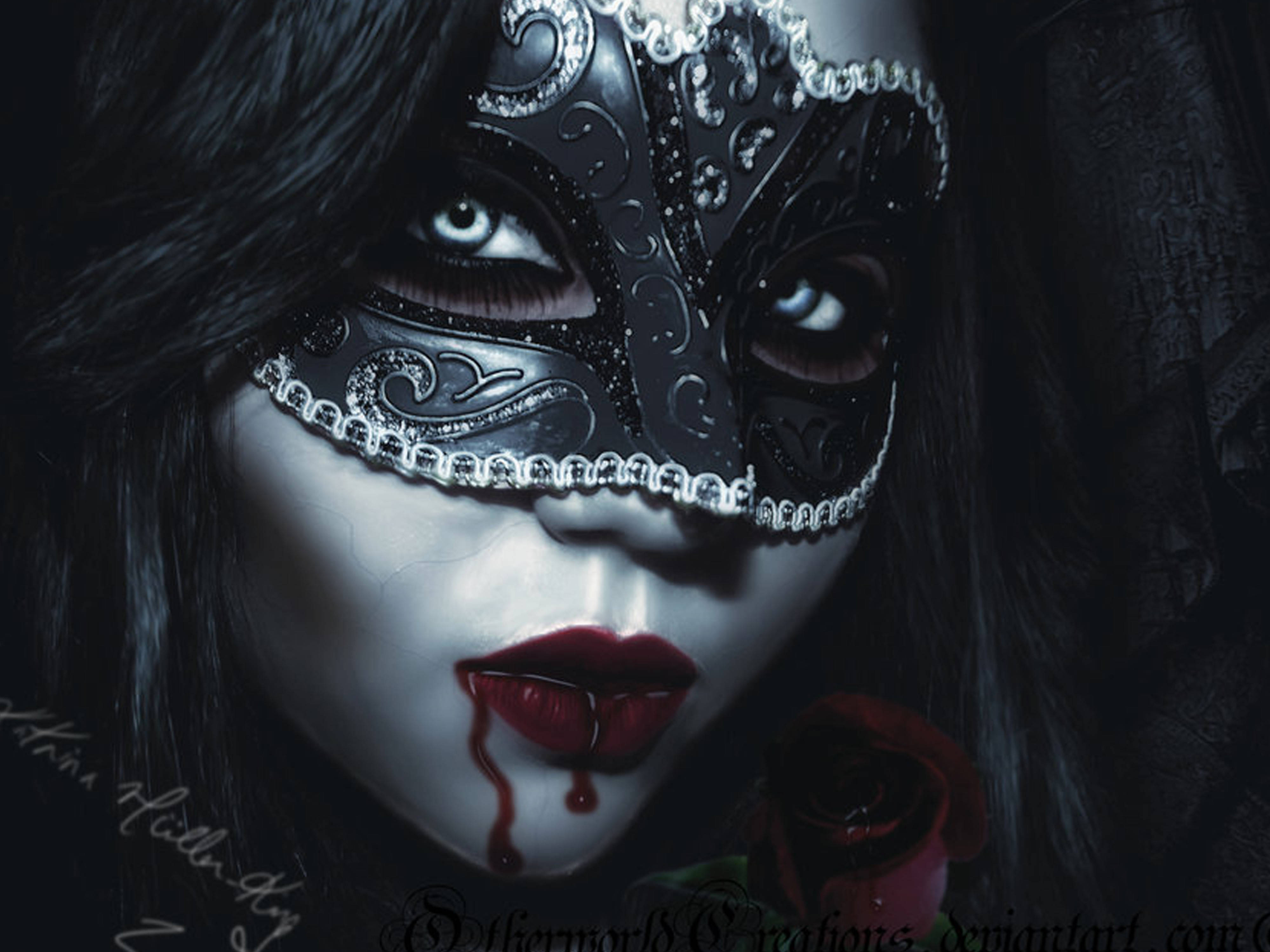 vampire girl, black ornate mask, red lips, 4K Desktop Wallpaper