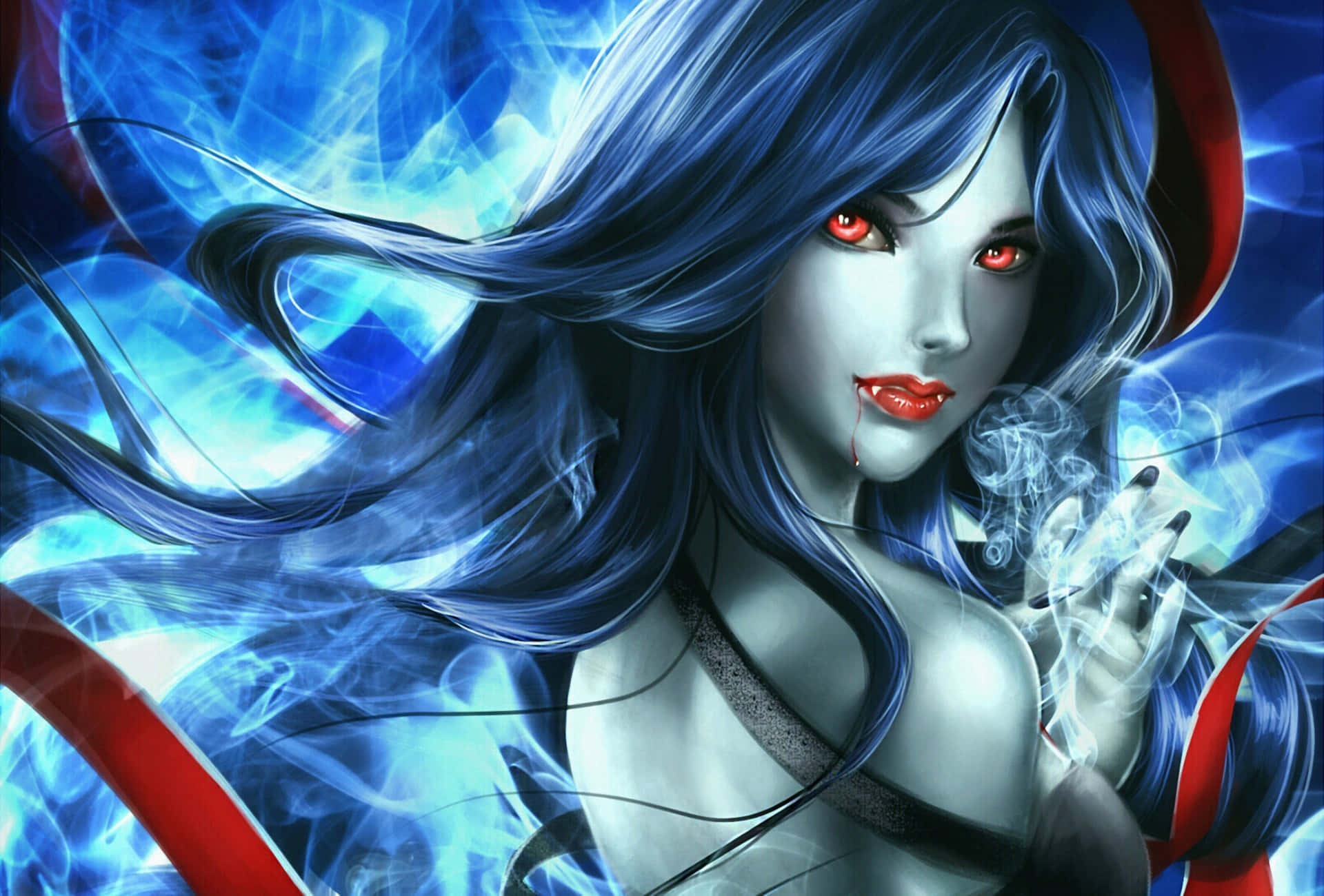 dark vampire, anime-style woman, blue hair, Full HD Desktop Wallpaper