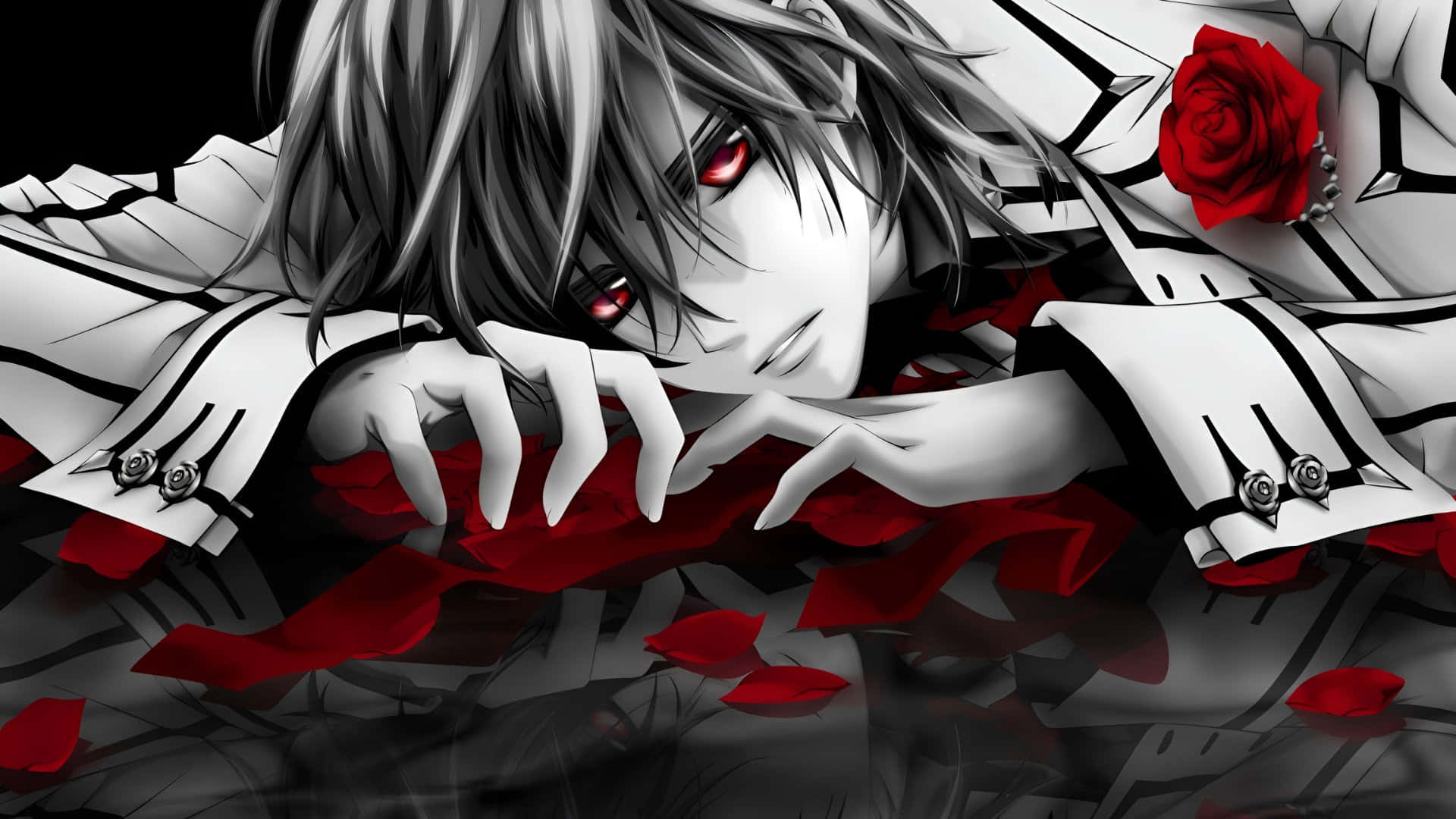 anime vampire, red eyes, silver hair, Full HD Desktop Wallpaper