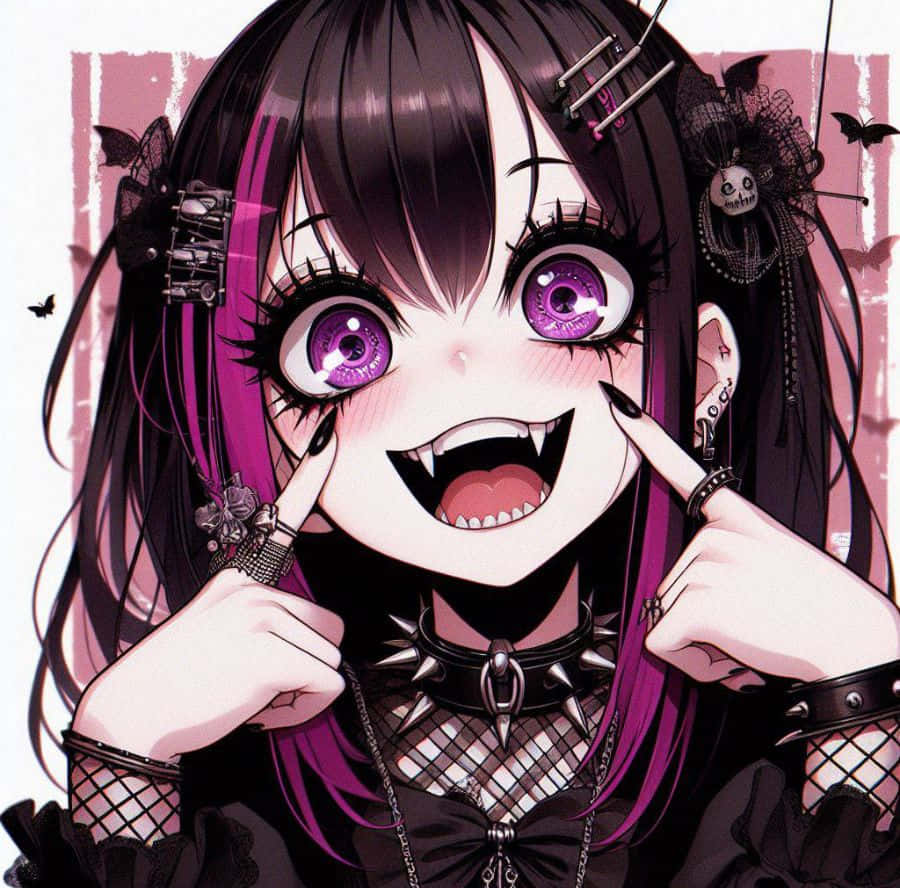 anime vampire girl, purple eyes, black hair streaked with pink, SD Desktop Wallpaper