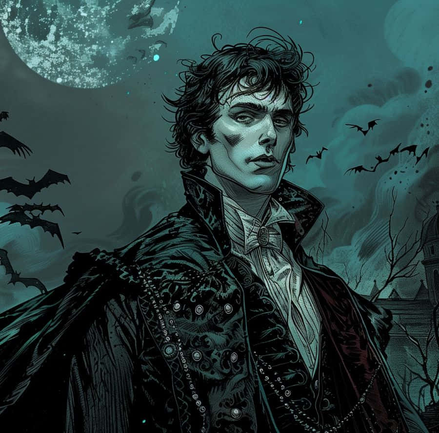 dark vampire, glowing moon, teal-hued clouds, SD Desktop Wallpaper
