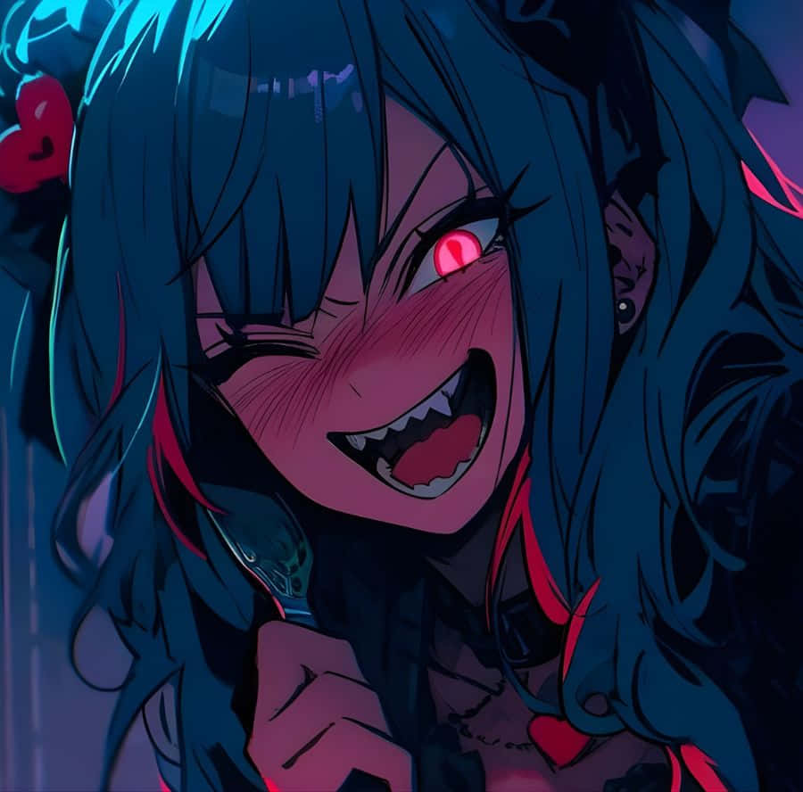 vampire anime girl, glowing red eyes, dark blue hair, SD Desktop Wallpaper