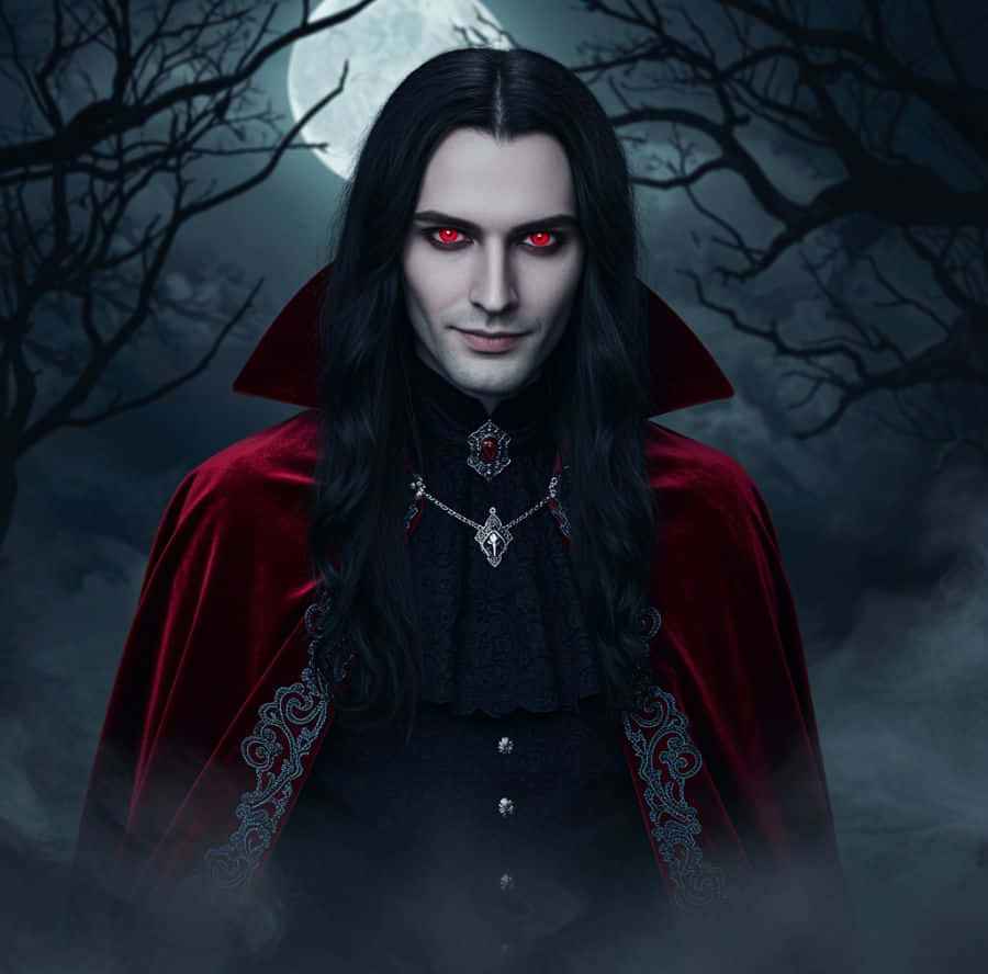 Dark Vampire, red eyes, long black hair, SD Desktop Wallpaper