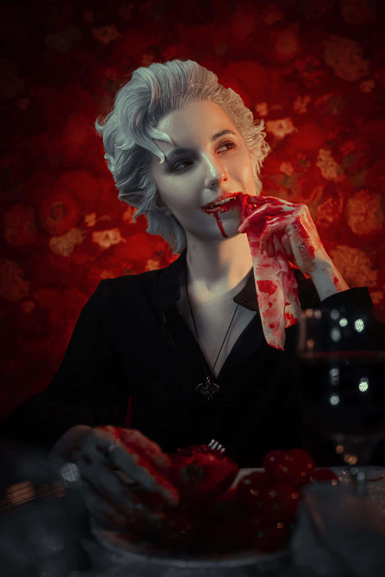 vampiric elegance portrait, silver hair, crimson floral wallpaper, HD Phone Wallpaper