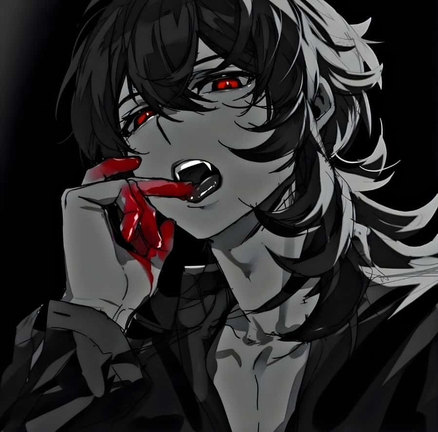dark anime character, red eyes, bloodied fingers, SD Desktop Wallpaper