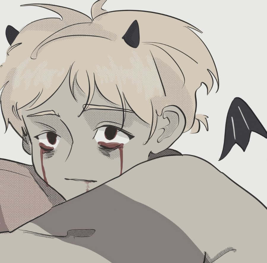 sad anime-style boy, blonde hair, black horns, SD Desktop Wallpaper