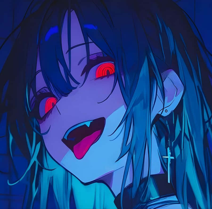 vampire anime, blue-haired anime girl, glowing red eyes, SD Desktop Wallpaper