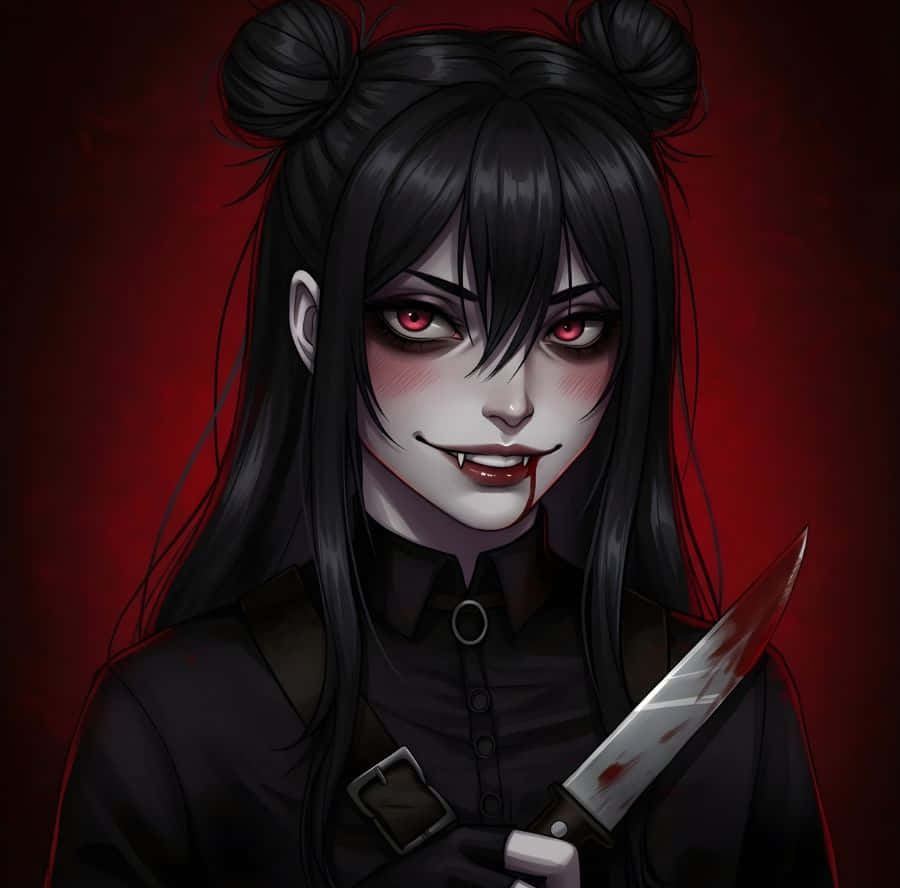 dark-haired anime girl, red eyes, blood on her lips, SD Desktop Wallpaper