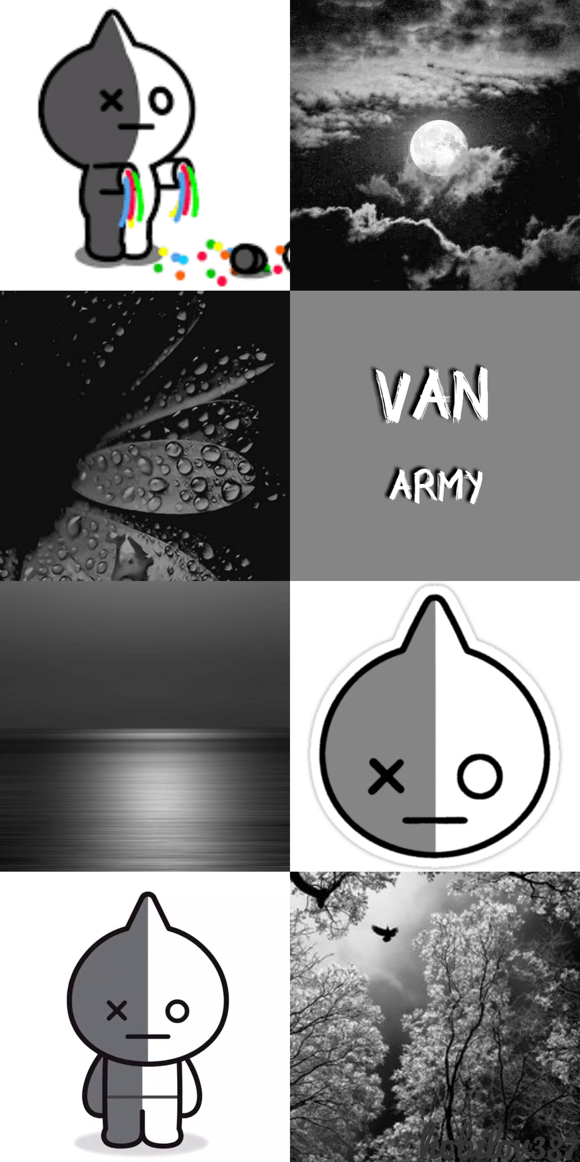 Van BT21, black and white collage, split-faced character, 4K Phone Wallpaper