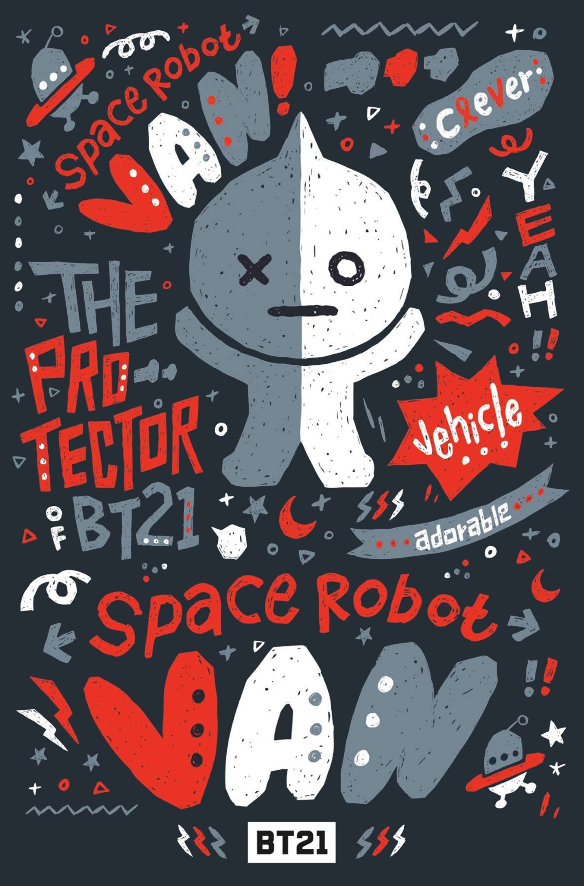 Van BT21, gray and white cartoon robot, X eye, 2K Phone Wallpaper