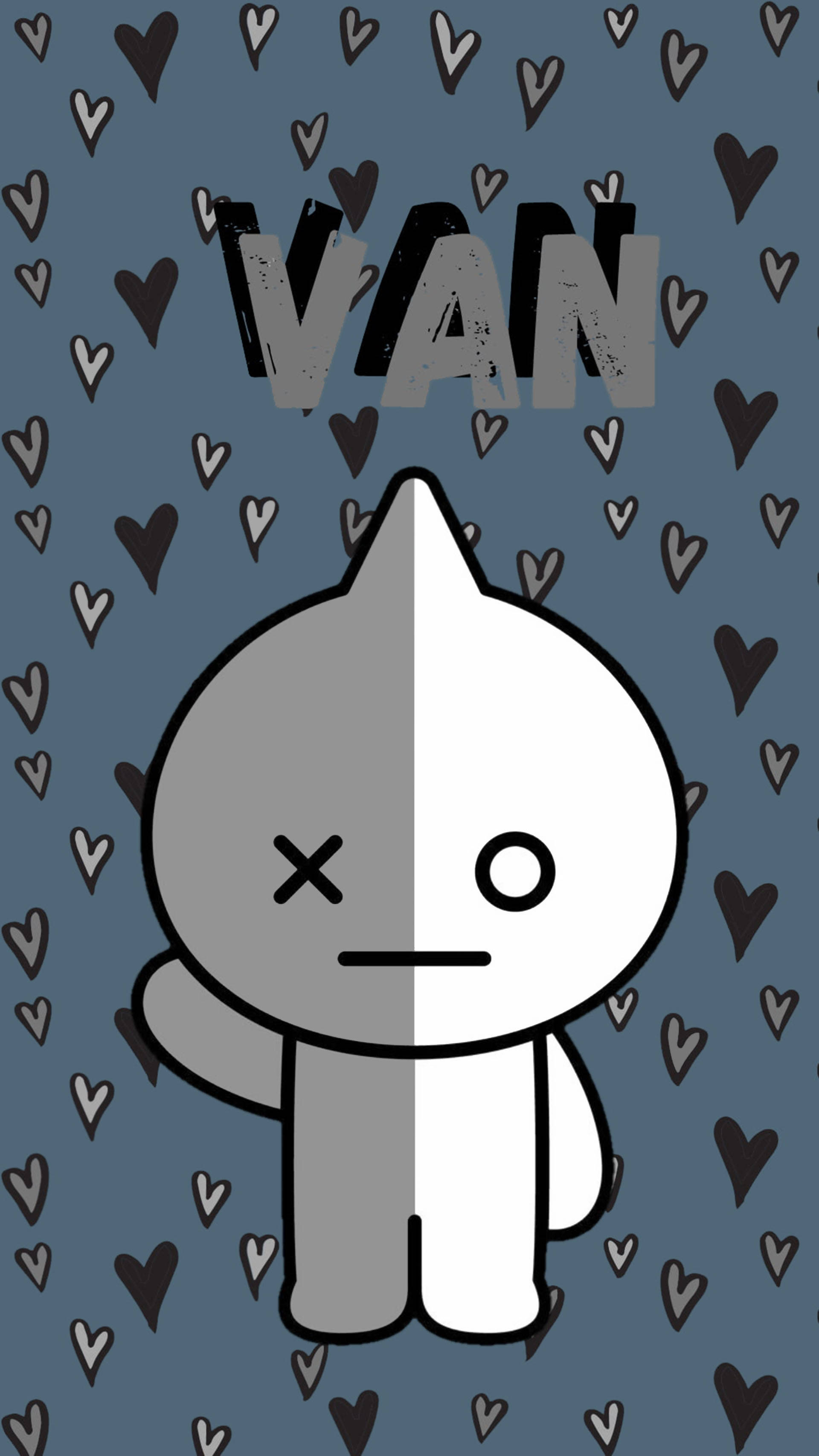 Van BT21, Dark Hearts, split gray and white cartoon character, 2K Phone Wallpaper