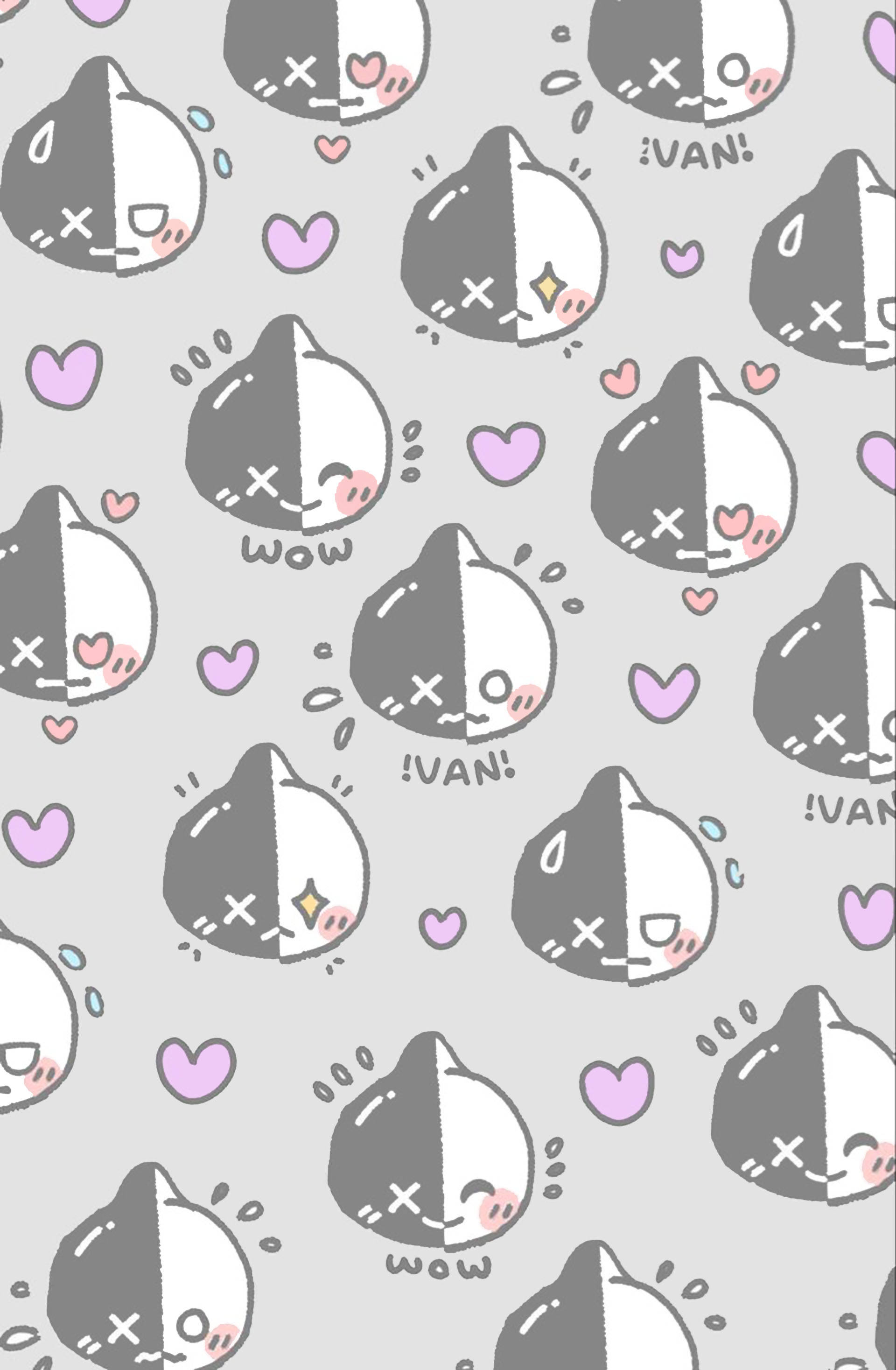Van BT21, half-black half-white cat faces, hearts, 2K Phone Wallpaper