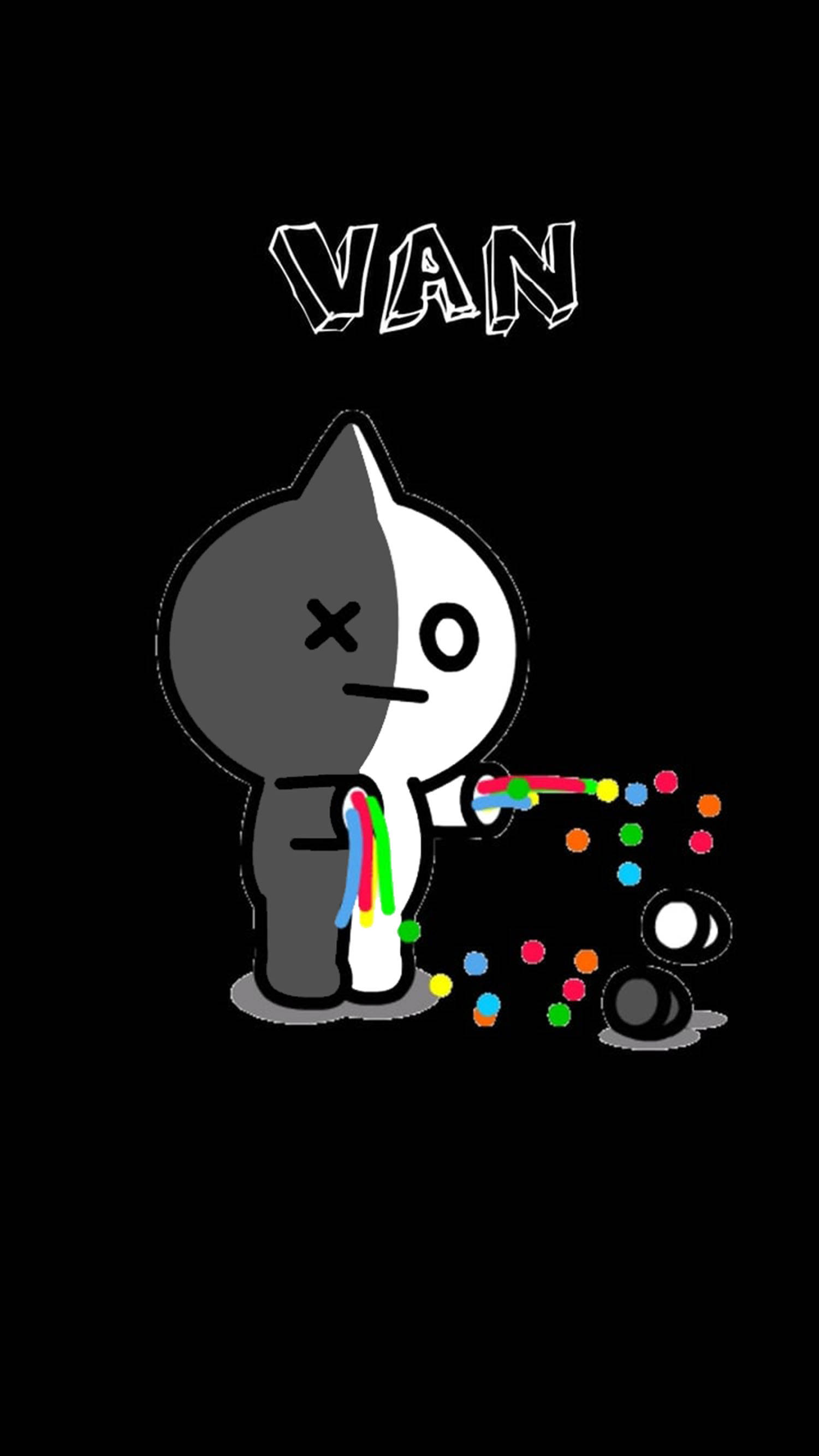Van BT21, colorful candies, split black and white cartoon cat, 2K Phone Wallpaper